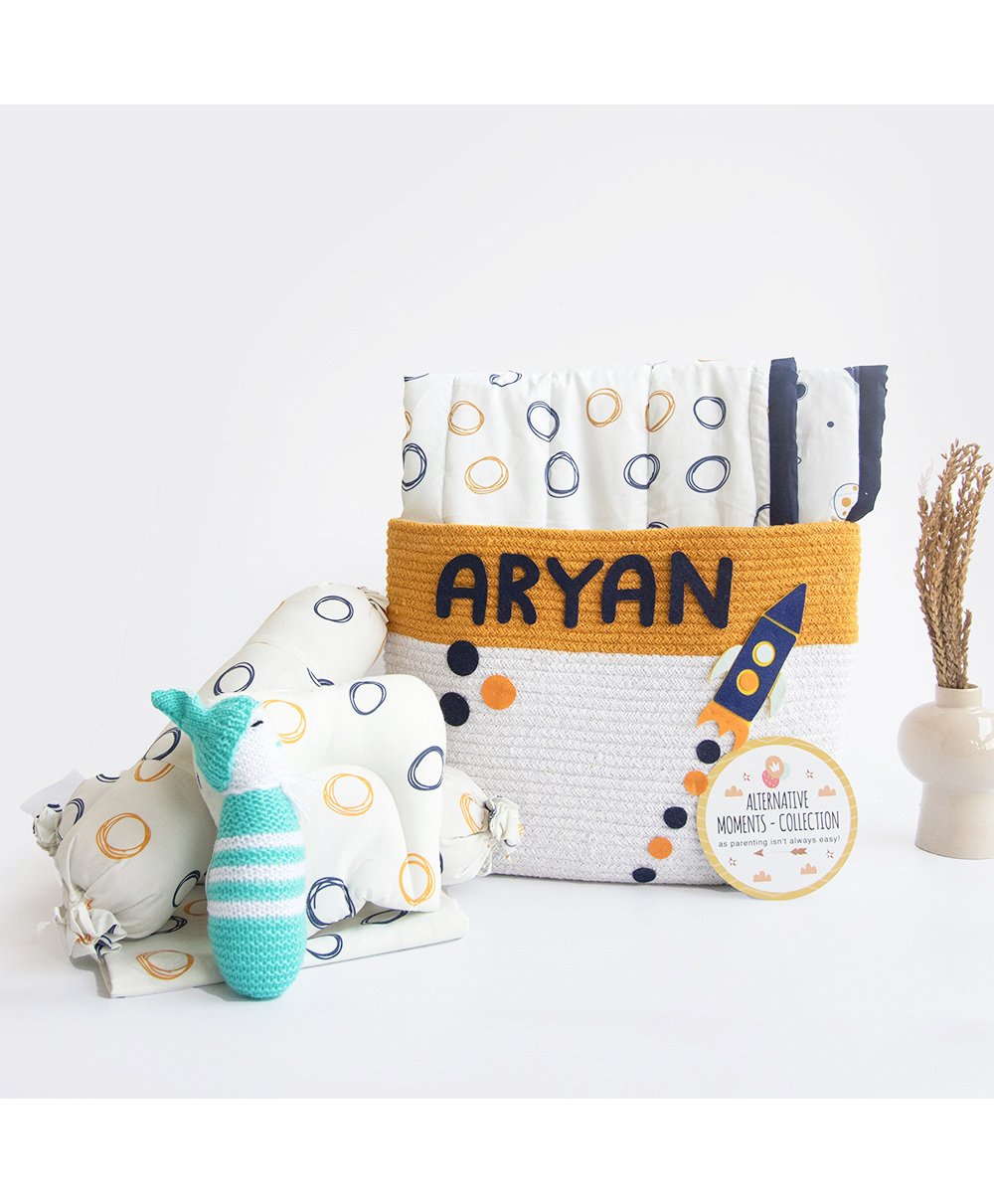Yellow Doodle Doodle Circles Organic Bedding Gift Basket - Blue-image-26