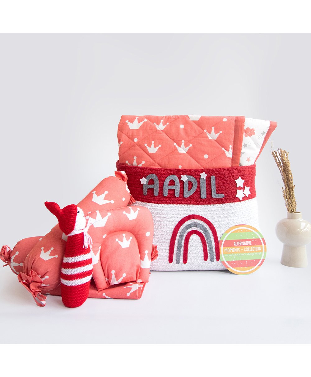 Yellow Doodle Crowns Organic Bedding Gift Basket - Red-image-3
