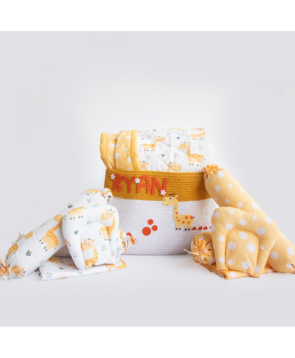 Yellow Doodle Baby Giraffe and Cute Polka Bedding Essentials Gift Basket - Yellow-image-11