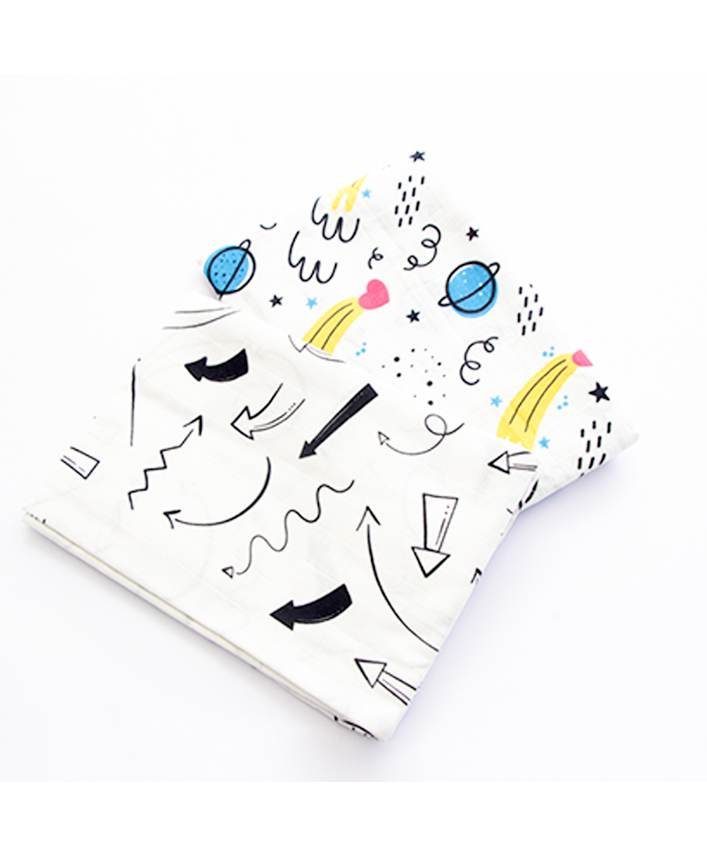 Yellow Doodle Doodle Space & Here There Organic Cotton Muslin Luxury Swaddles Pack of 2 - Multicolour-image-20
