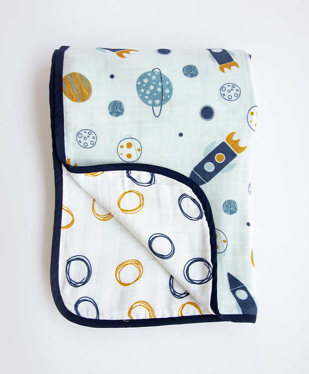 Yellow Doodle Child Of The Universe Printed Reversible Organic Cotton Muslin Blanket - Blue-picture-31