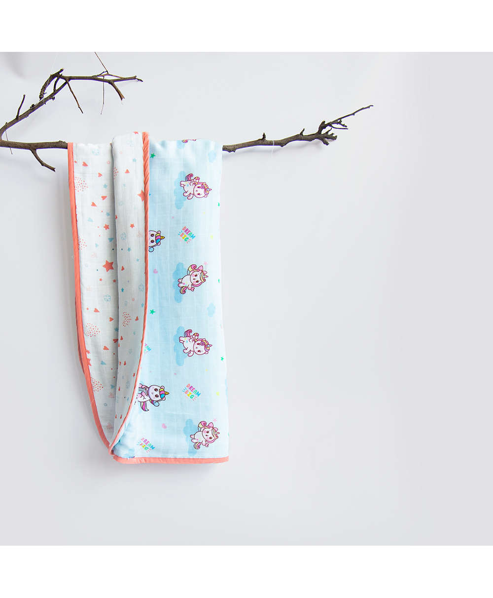Yellow Doodle Baby Unicorn Printed Reversible Organic Cotton Muslin Blanket - Multicolour-picture-28