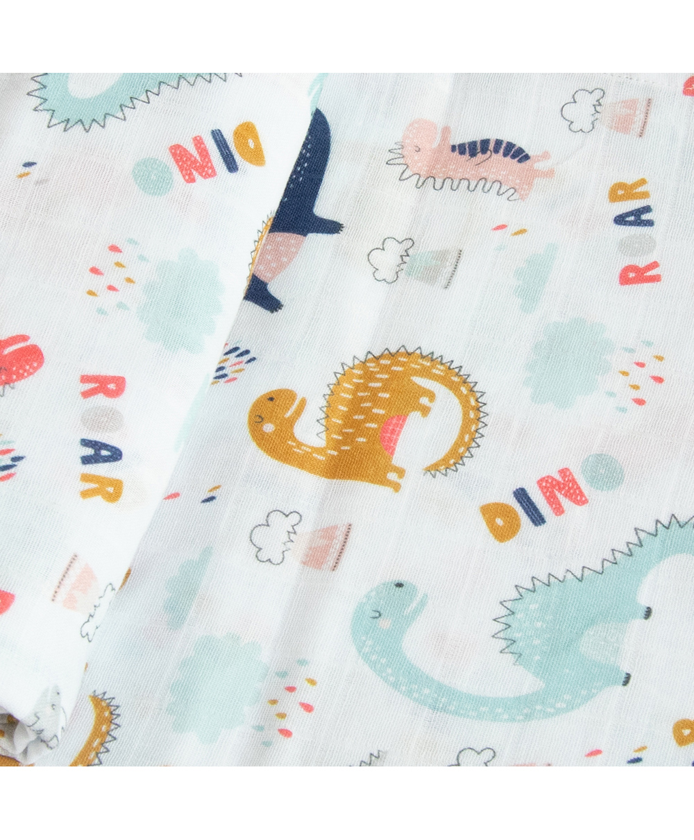 Yellow Doodle Dino Friend Printed Reversible Organic Cotton Muslin Blanket - Multicolour-image-14