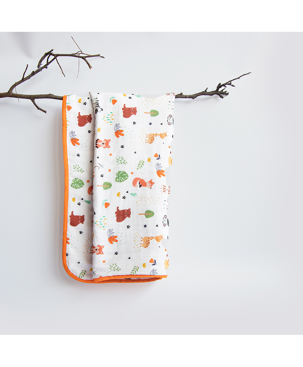 Yellow Doodle Baby Animals Printed Reversible Organic Cotton Muslin Blanket - Multicolour-image-29