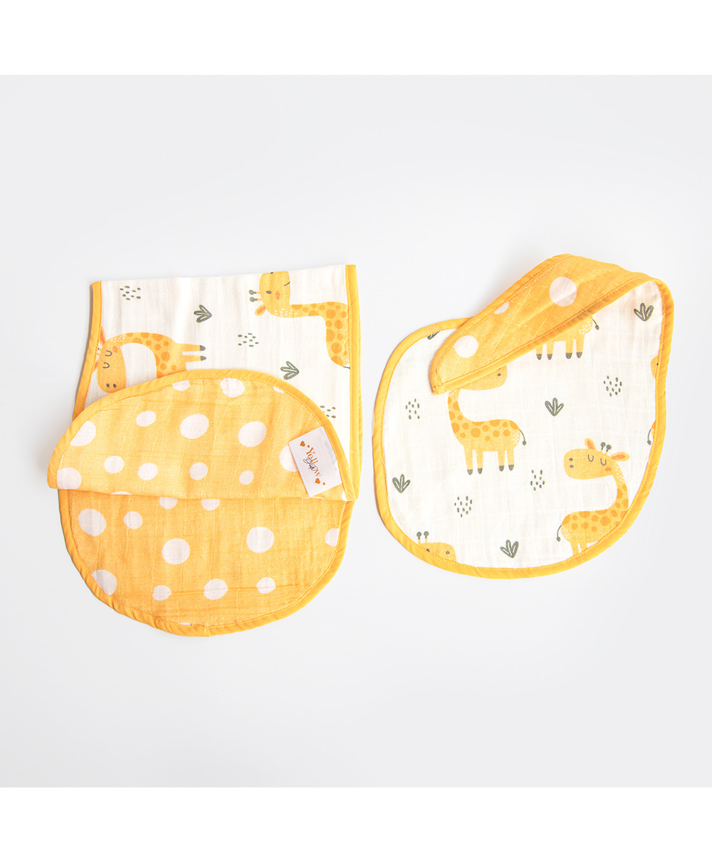 Yellow Doodle Baby Giraffe Printed Reversible Organic Cotton Muslin Bib & Burp Cloth Set - Yellow-picture-33