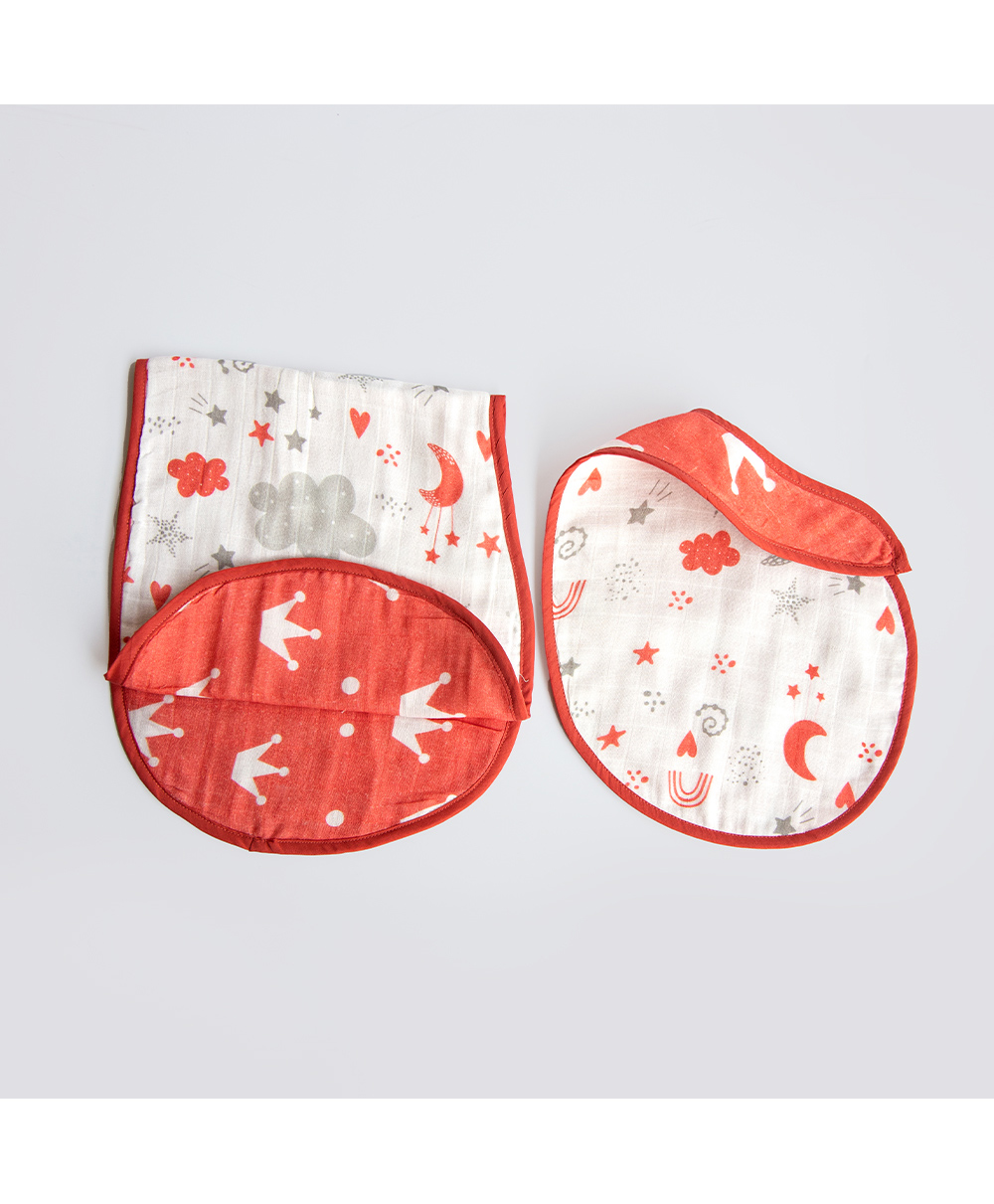 Yellow Doodle Magical Rainbow Printed Reversible Organic Cotton Muslin Bib & Burp Cloth Set - Red-picture-34