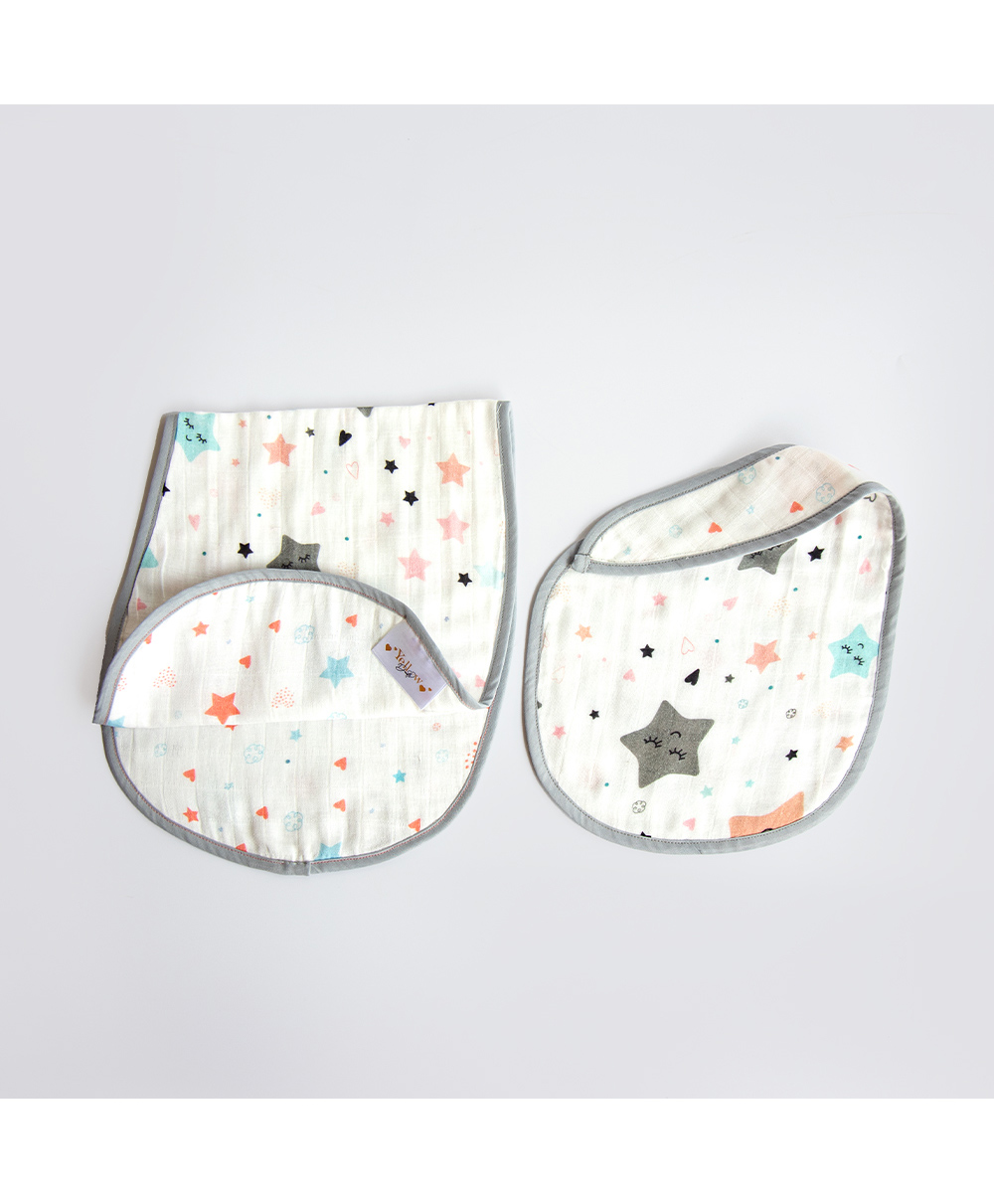 Yellow Doodle Twinkly Stars Printed Reversible Organic Cotton Muslin Bib & Burp Cloth Set - Grey-picture-35