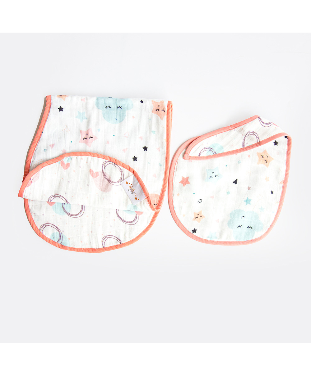 Yellow Doodle In The Sky Printed Reversible Organic Cotton Muslin Bib & Burp Cloth Set - Peach-picture-31