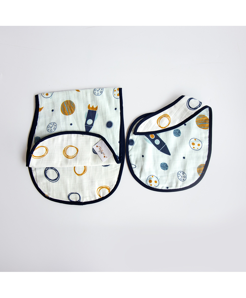 Yellow Doodle Child Of The Universe Printed Reversible Organic Cotton Muslin Bib & Burp Cloth Set - Blue-image-28