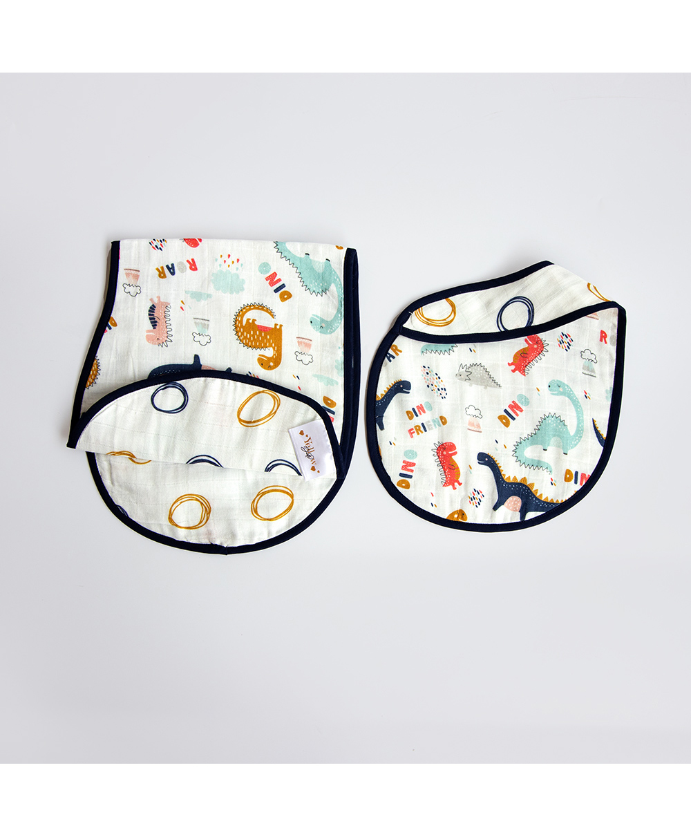 Yellow Doodle Dino Friend Printed Reversible Organic Cotton Muslin Bib & Burp Cloth Set - Multicolour-image-15