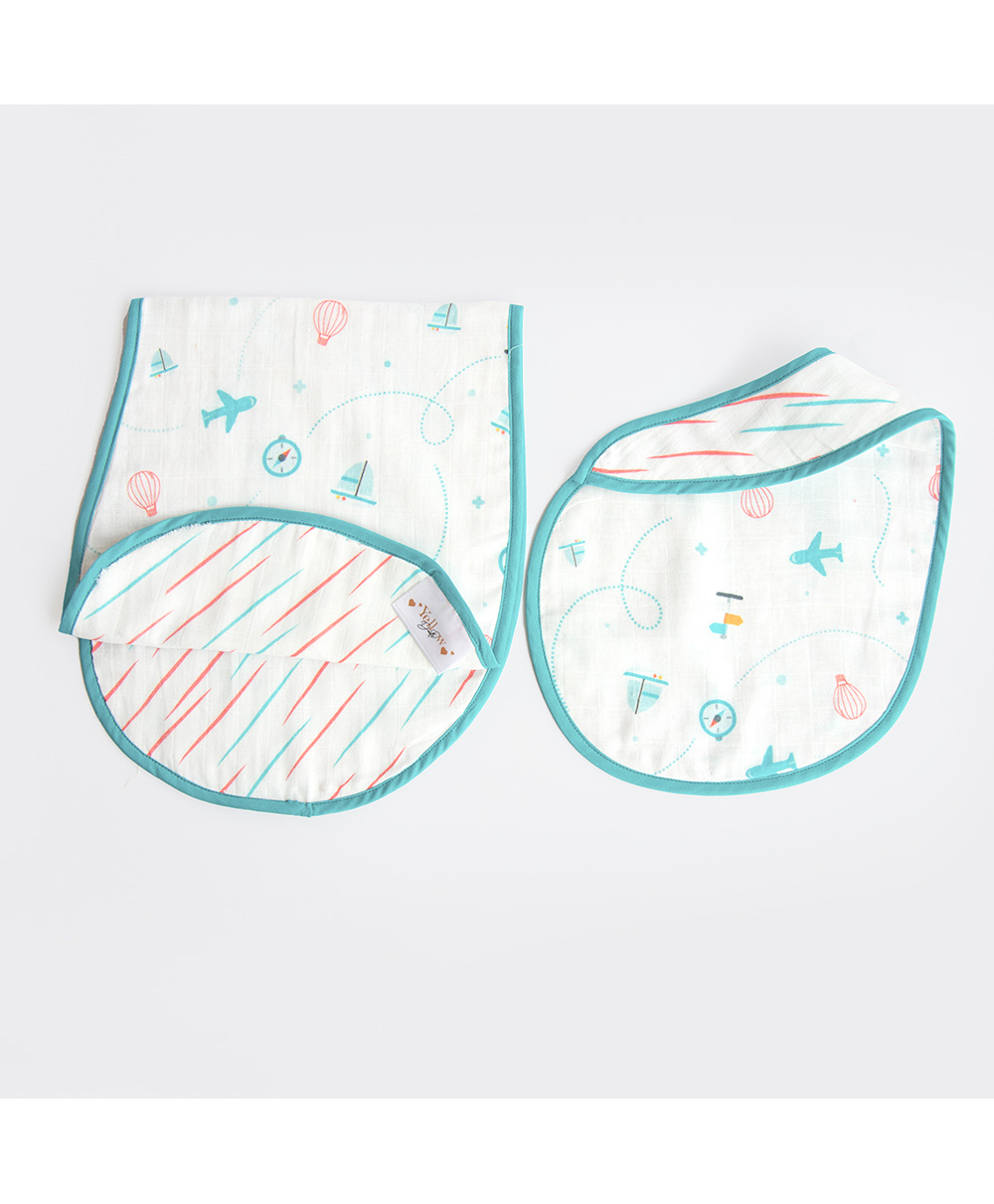 Yellow Doodle Lil Travellers Printed Reversible Organic Cotton Muslin Bib & Burp Cloth Set - Blue-picture-32
