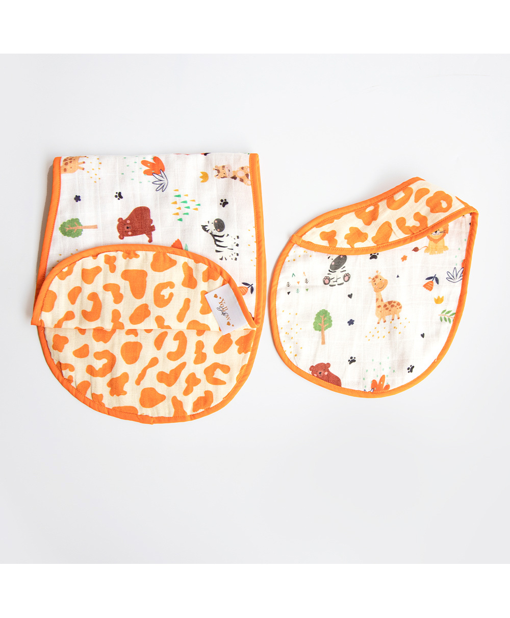 Yellow Doodle Baby Animal Printed Reversible Organic Cotton Muslin Bib & Burp Cloth Set - Multicolour-picture-37