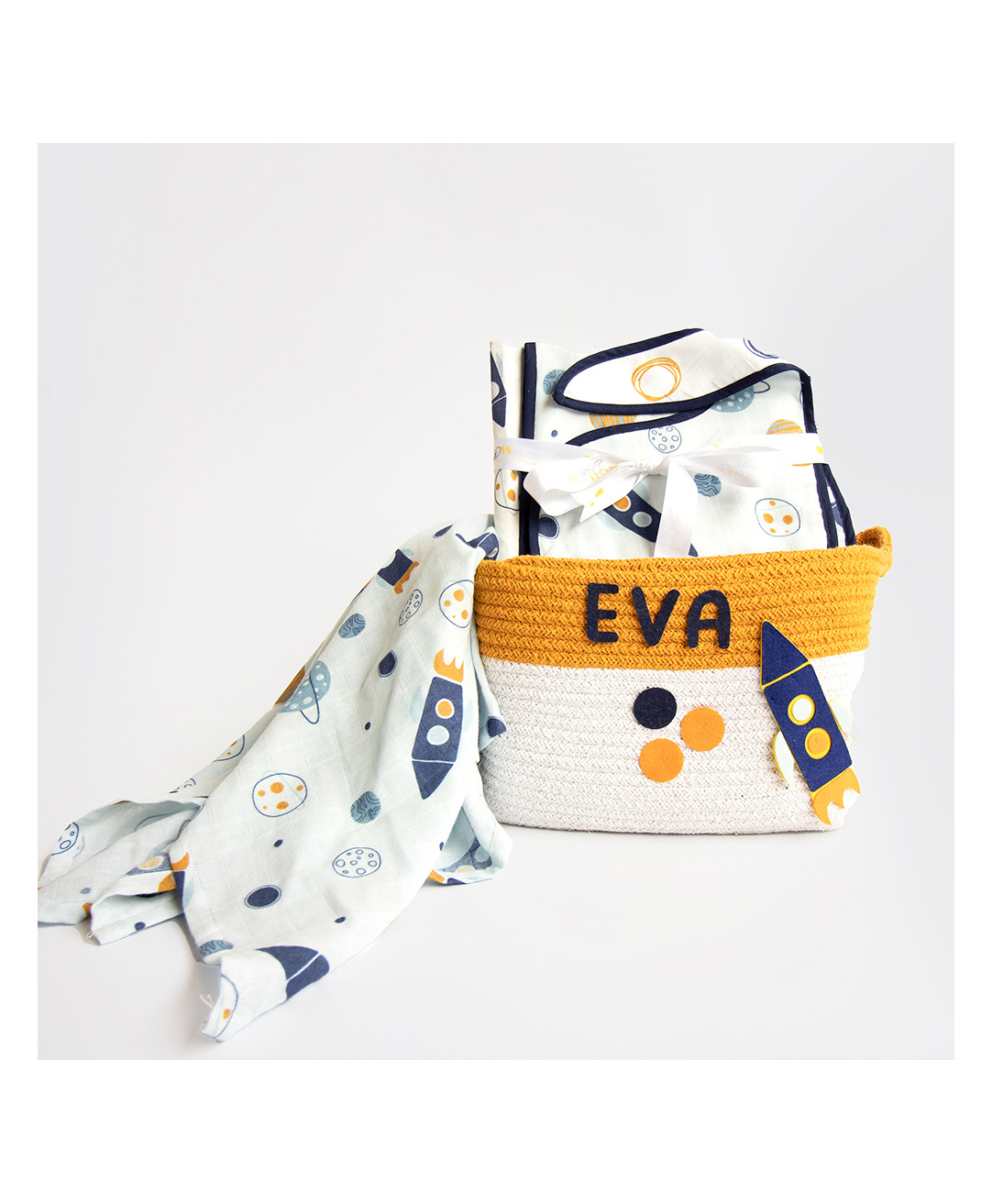 Yellow Doodle Child Of The Universe Organic Cotton Muslin Gift Basket - Blue-image-24