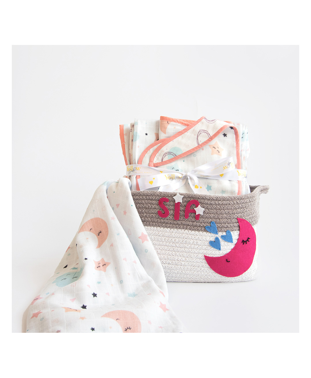 Yellow Doodle In The Sky Organic Cotton Muslin Gift Basket - Peach-image-25