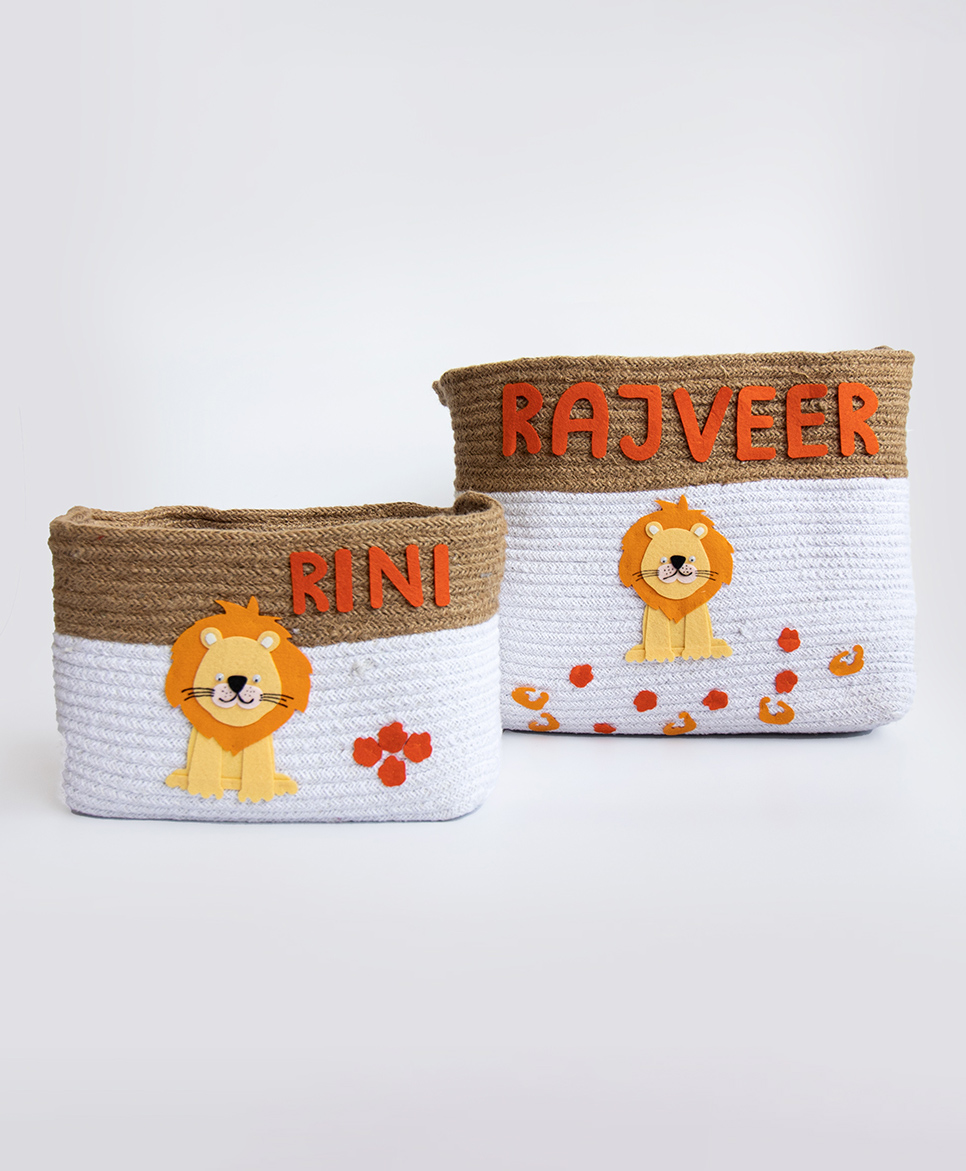 Yellow Doodle Baby Animals Printed Organic Cotton Rope Baskets Pack of 2 - Multicolour-image-46