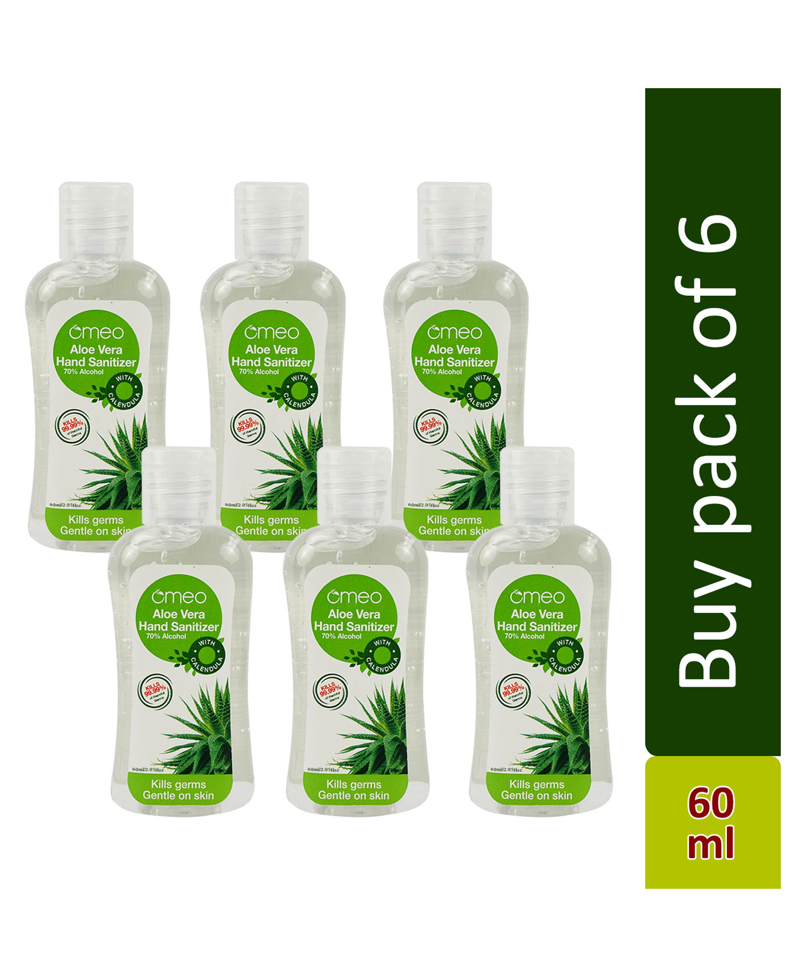Omeo Aloe Vera Hand Sanitizer Bottle 60ml Each - Pack of 6-image-2