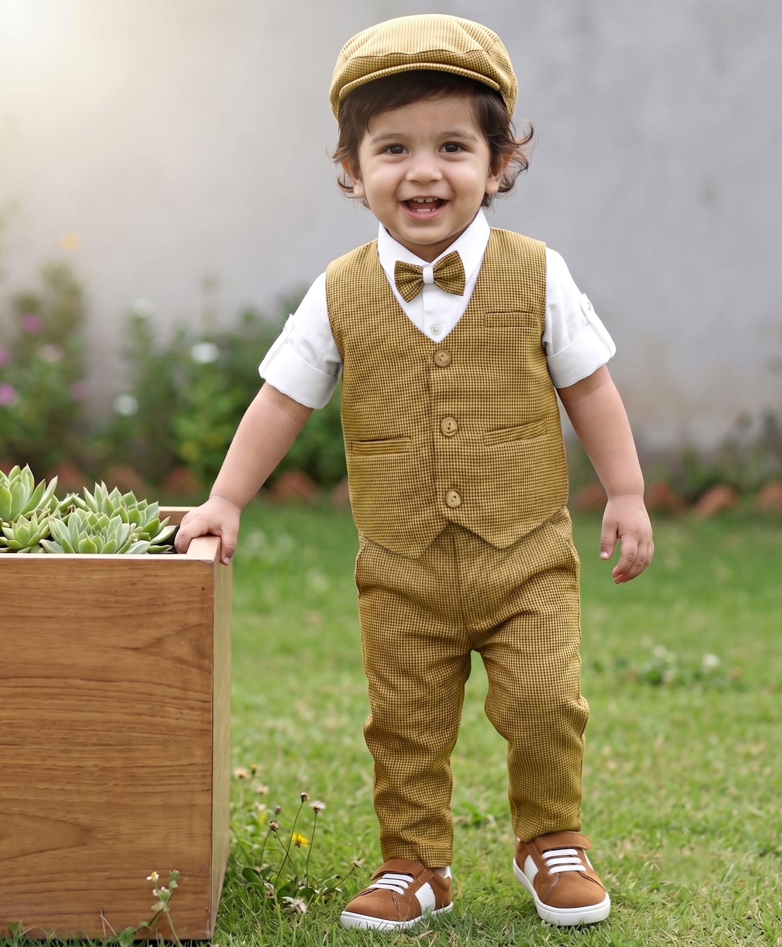 Robo Fry Full Sleeves Textured Party Suit with Bow and Cap - Khaki-picture-32