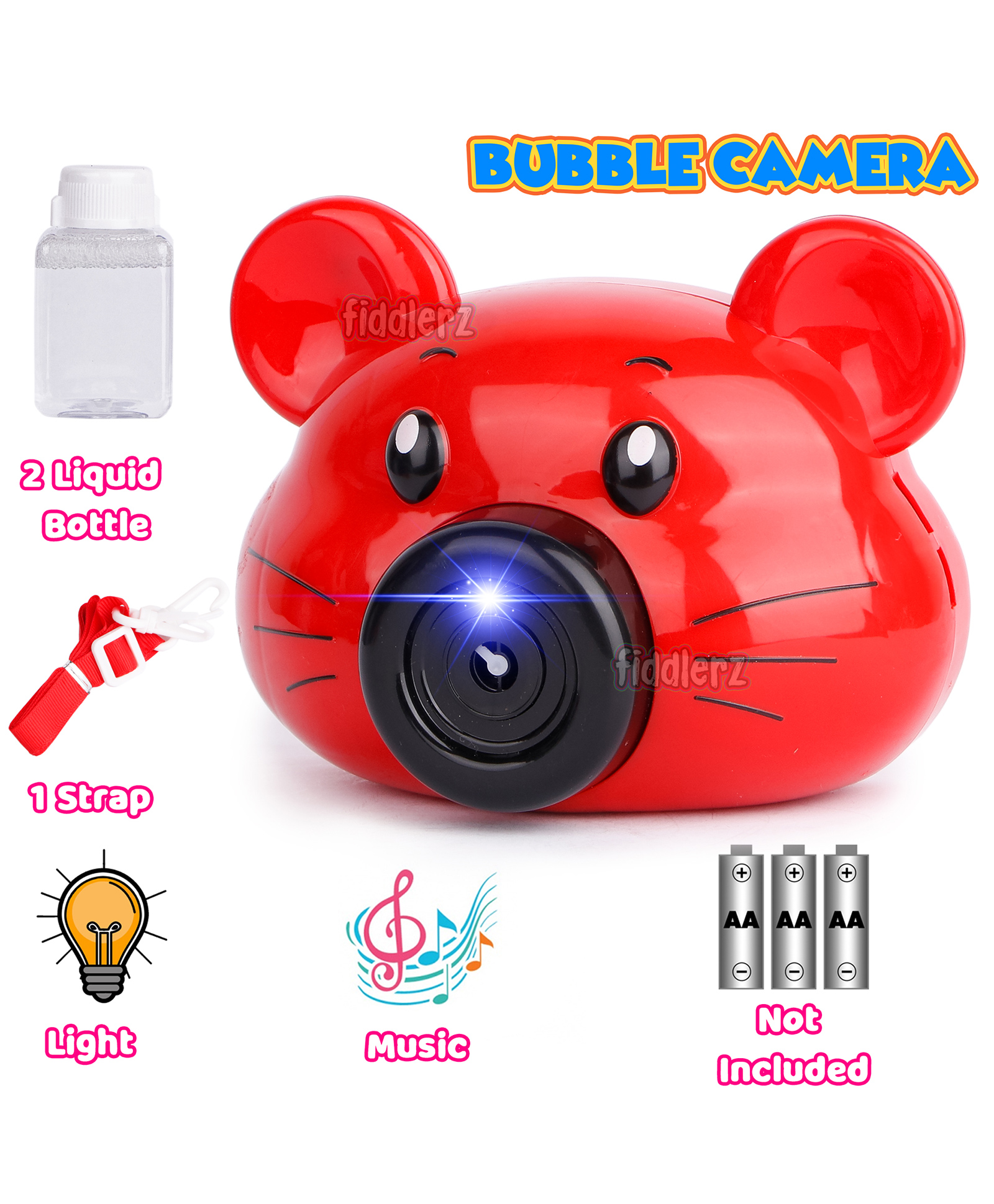 Fiddlerz Camera Shaped Bubble Machine With Light & Music 2 Bubble Solution Bottles - Red-image-39