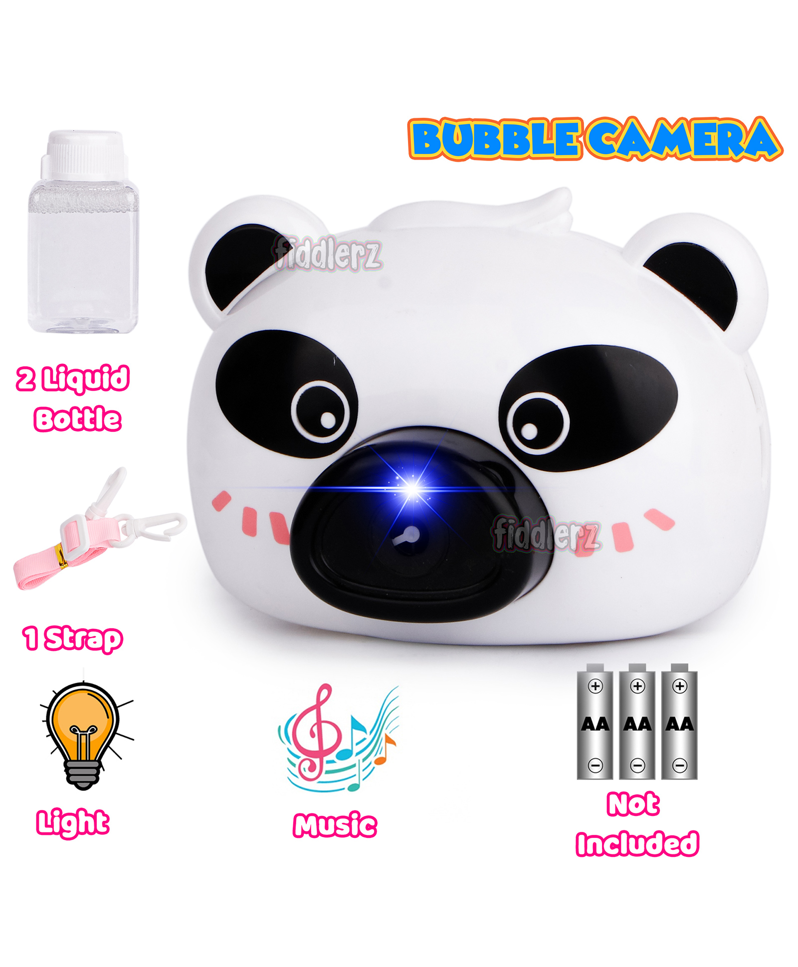 Fiddlerz Camera Shaped Bubble Machine With Light & Music 2 Bubble Solution Bottles - White-image-36