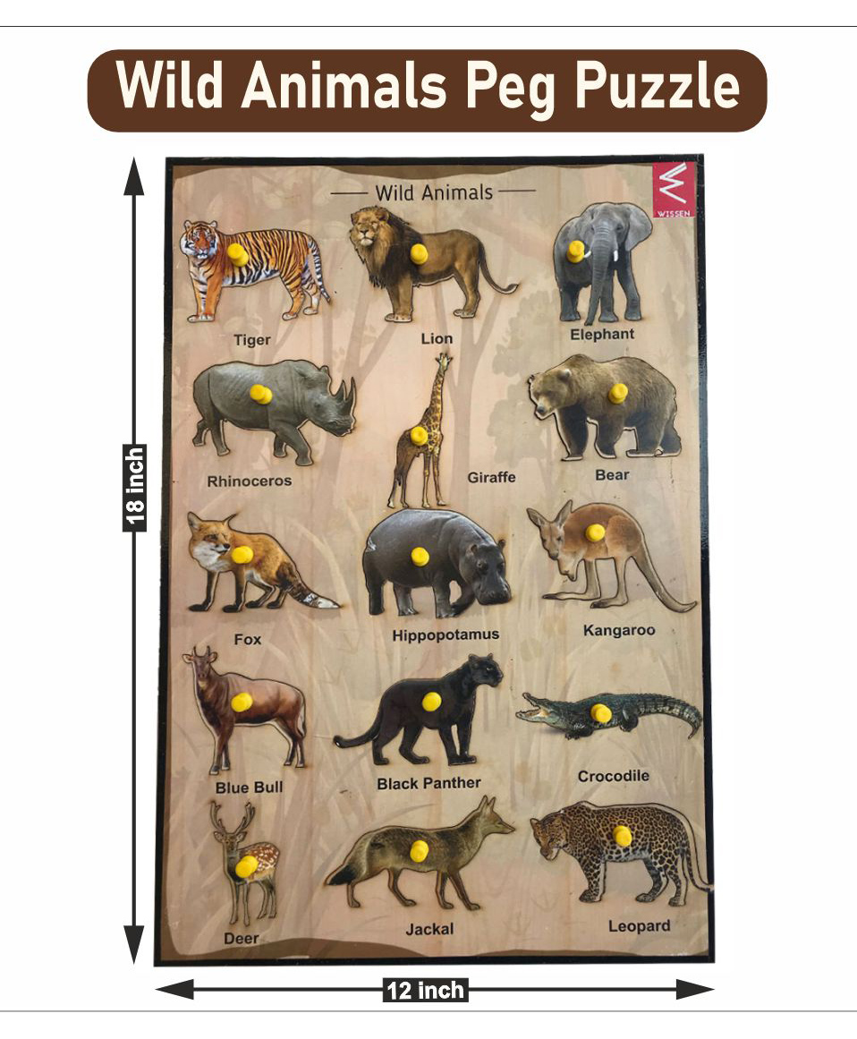 WISSEN Wooden Wild Animals Educational Knob Tray Multicolor - 15 Pieces-image-2