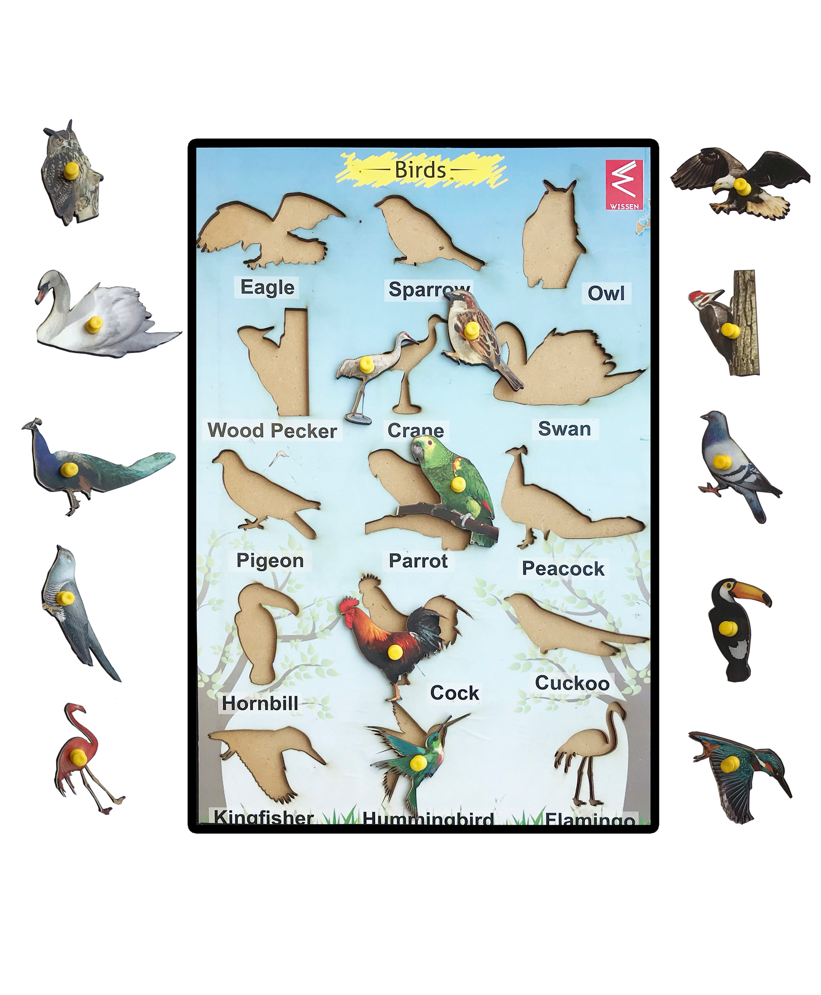 WISSEN Wooden Birds Learning Educational Knob tray Multicolor - 15 Pieces-picture-11