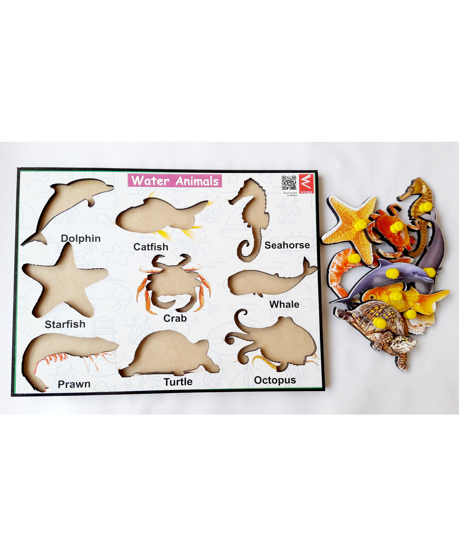 WISSEN Wooden Water Animals Learning Educational Knob Tray Multicolor - 10 Pieces-picture-15