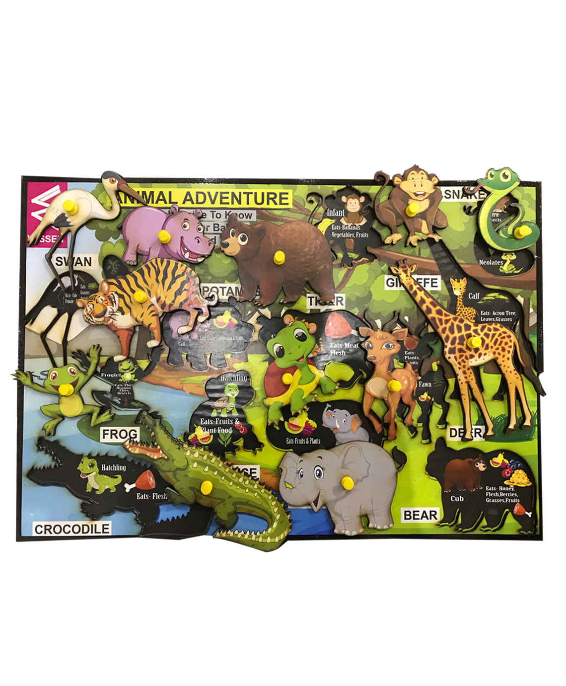 WISSEN Wooden Jungle Theme Animal Learning Educational Knob Tray Multicolor - 13 Pieces-image-3
