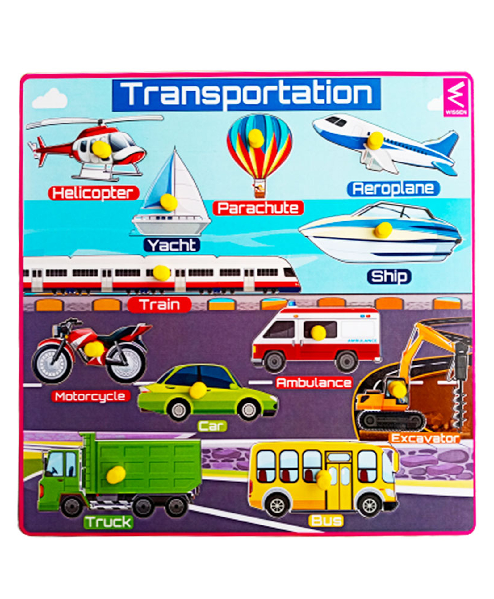 WISSEN Wooden Transportation Educational Knob and Peg Puzzle Multicolor - 15 Pieces-picture-46