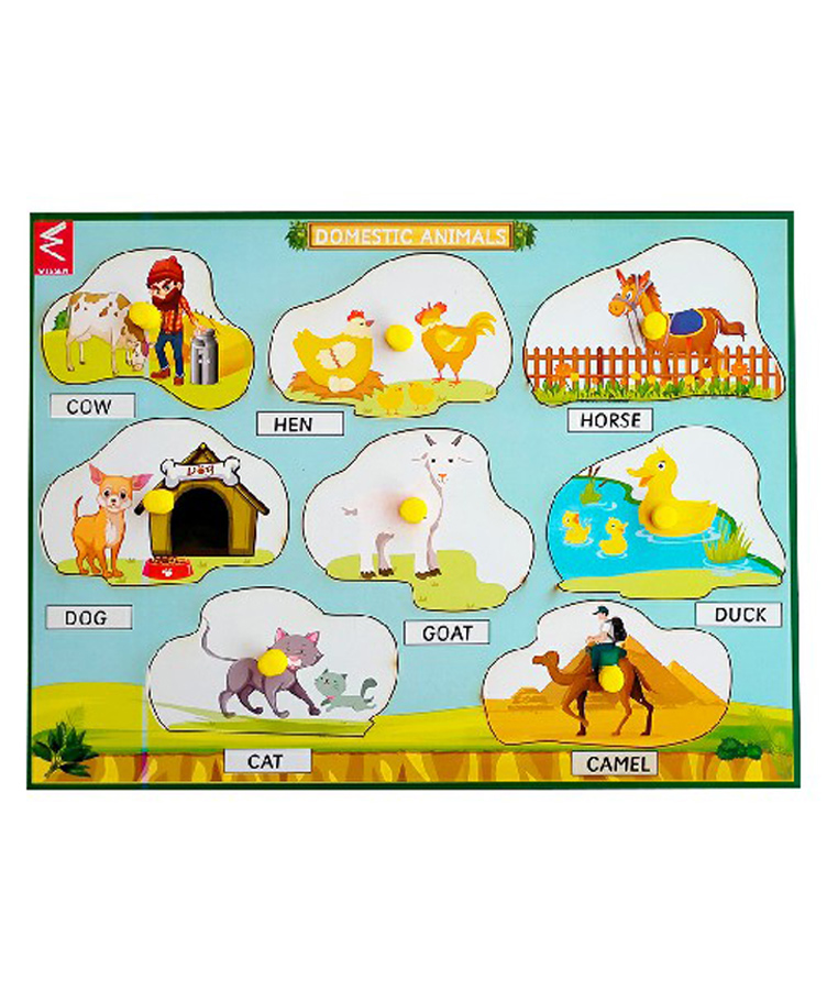 WISSEN Wooden Domestic Animals Knob and Peg Puzzle Multicolor - 8 Pieces-picture-47