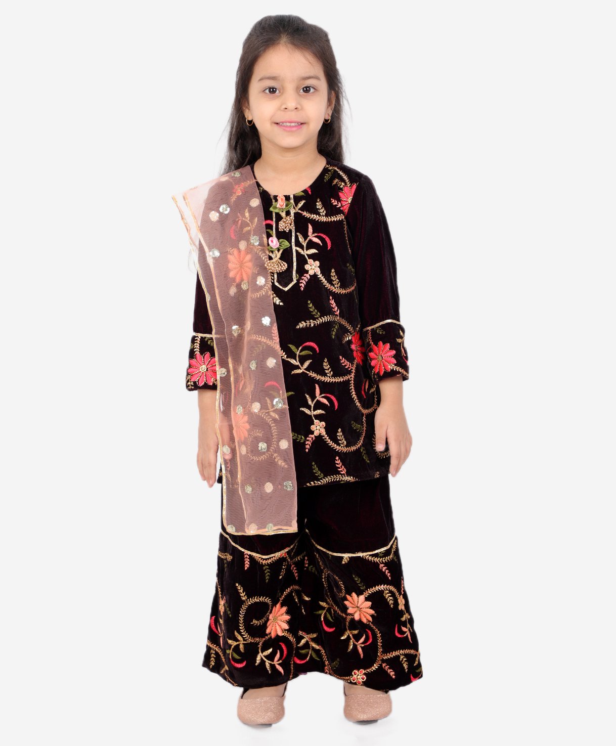 Little Bansi Full Sleeves Floral Embroidery Lining Kurta Palazzo With Dupatta - Violet-picture-17