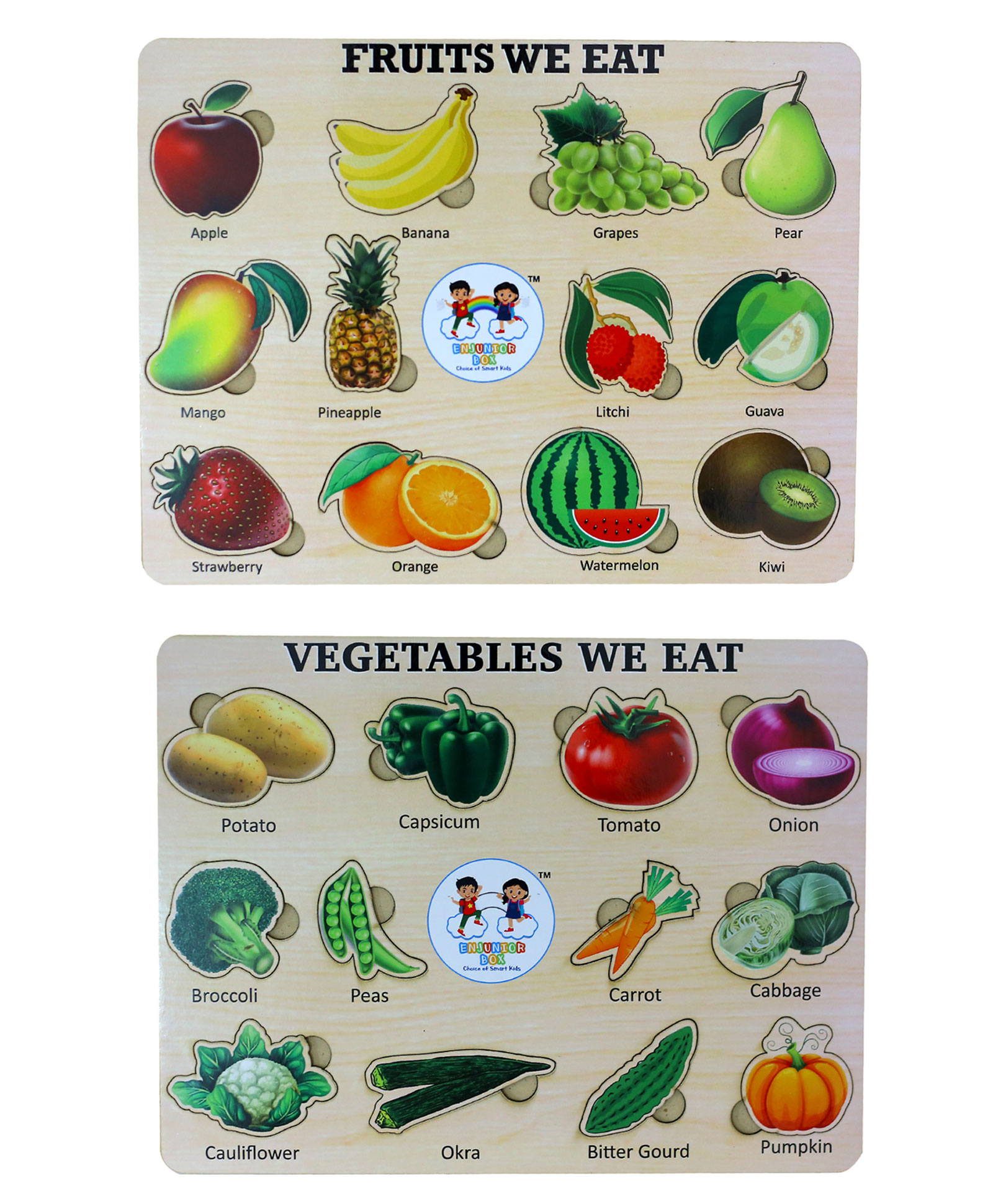 Enjunior Box Wooden Fruits Vegetables Puzzle with Knobs Multicolour - 24 Pieces-image-23
