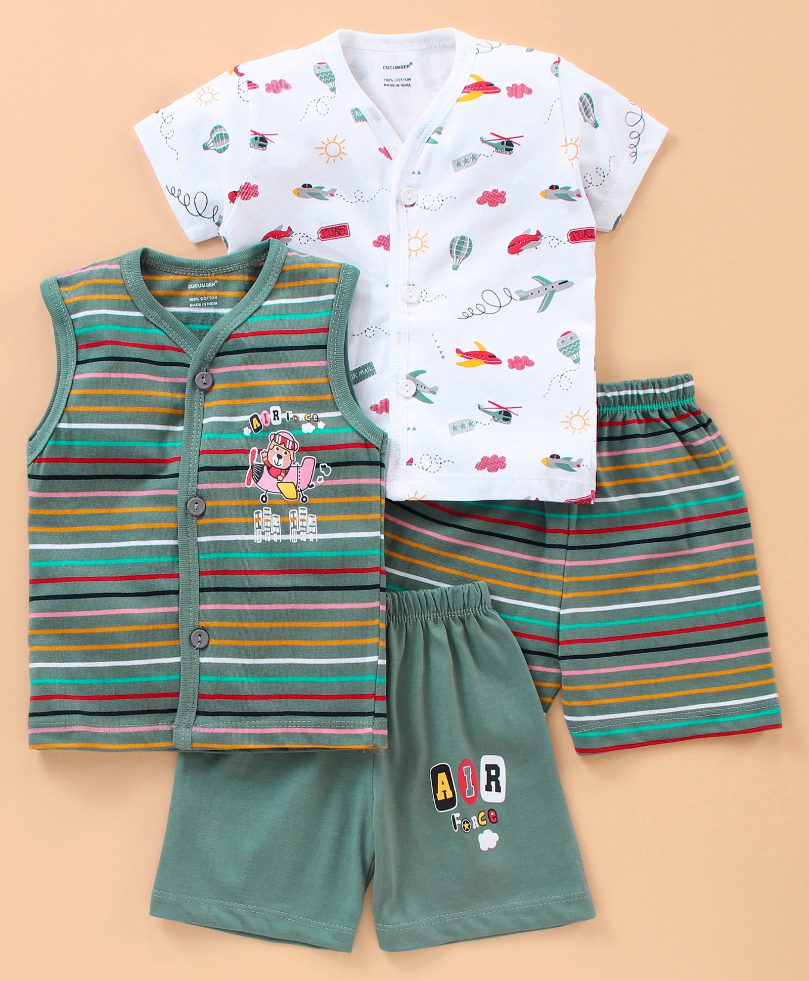 Cucumber Half & Sleeveless Vests & Shorts Aeroplane Print Pack of 2 - Green White-image-41