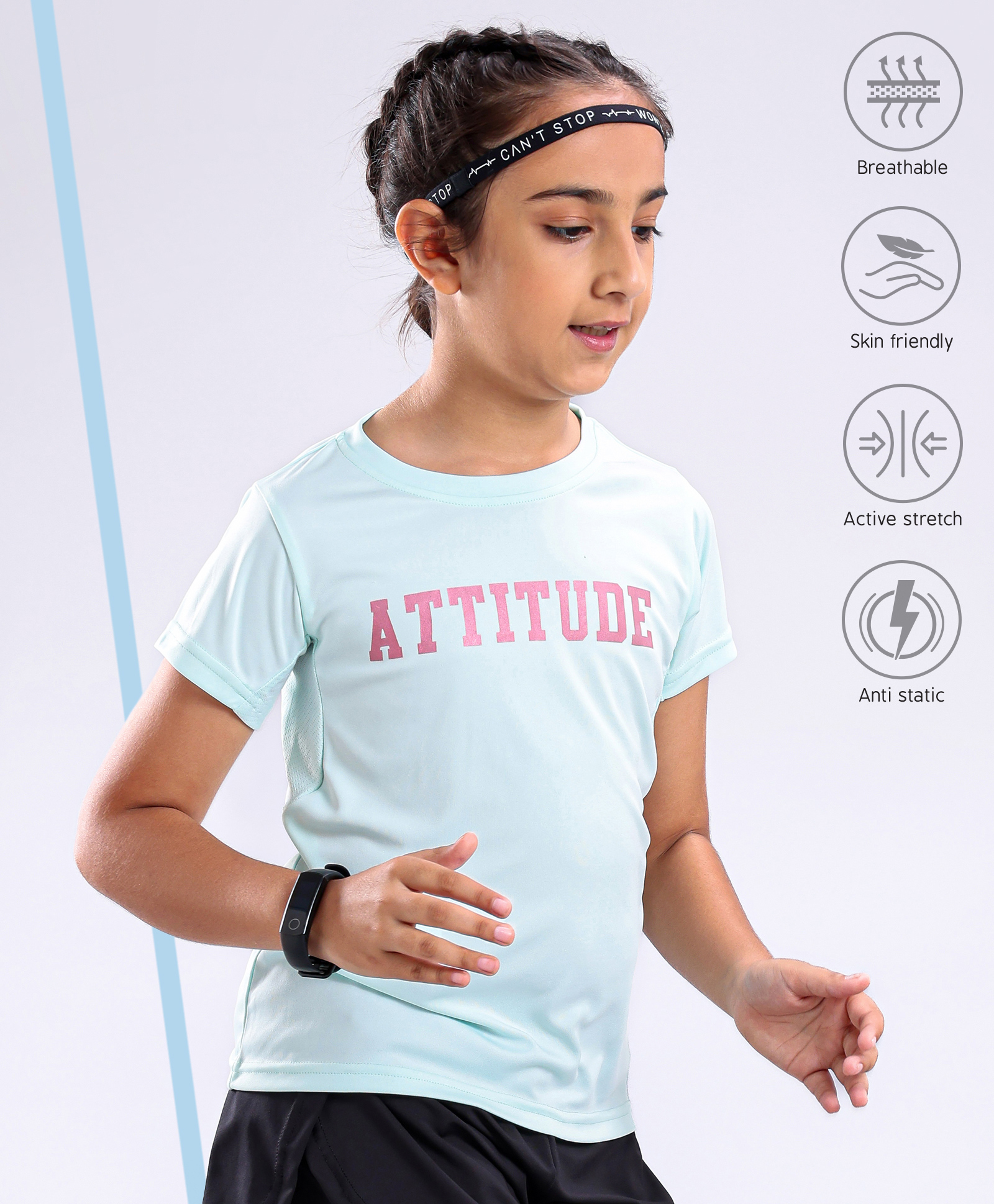 Pine Active Skin Friendly & Breathable Half Sleeves T-shirt with Foil Text Print - Aqua Blue-picture-13