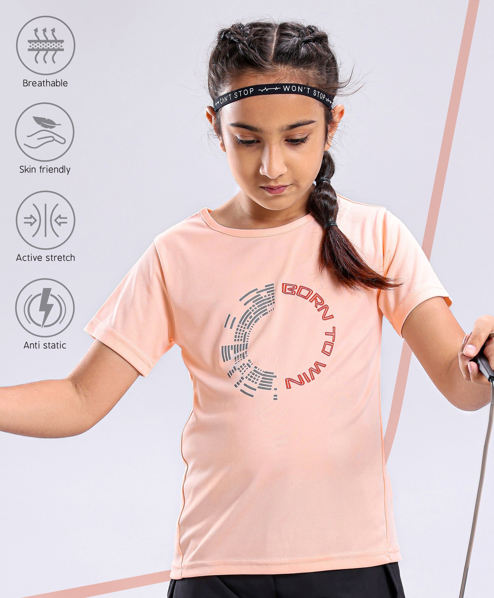 Pine Active Skin Friendly & Breathable Half Sleeves Text Print Top Text Print - Peach-picture-16