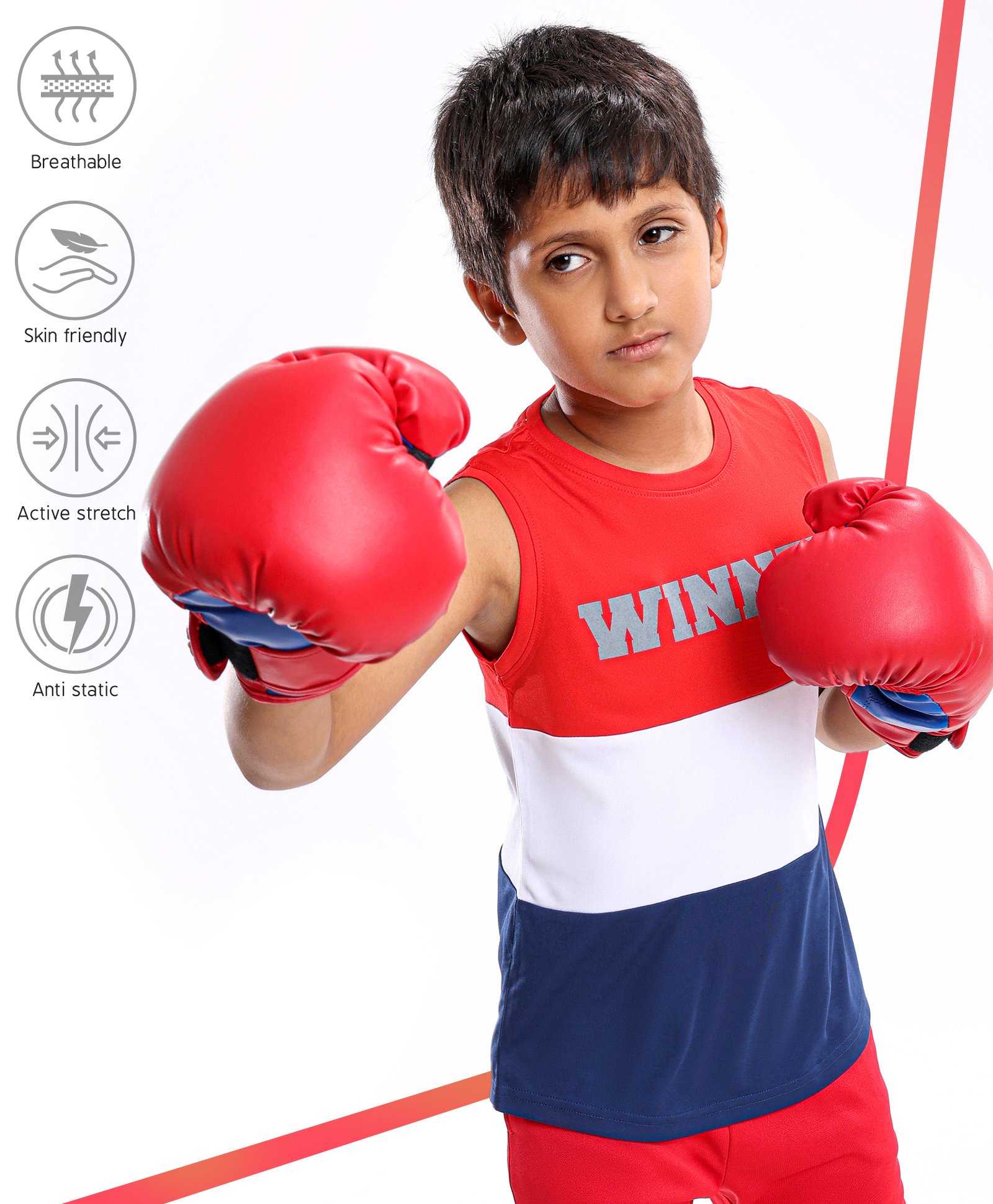 Pine Active Sleeveless Colour Block and Text Print T-shirt - Red Blue-picture-16