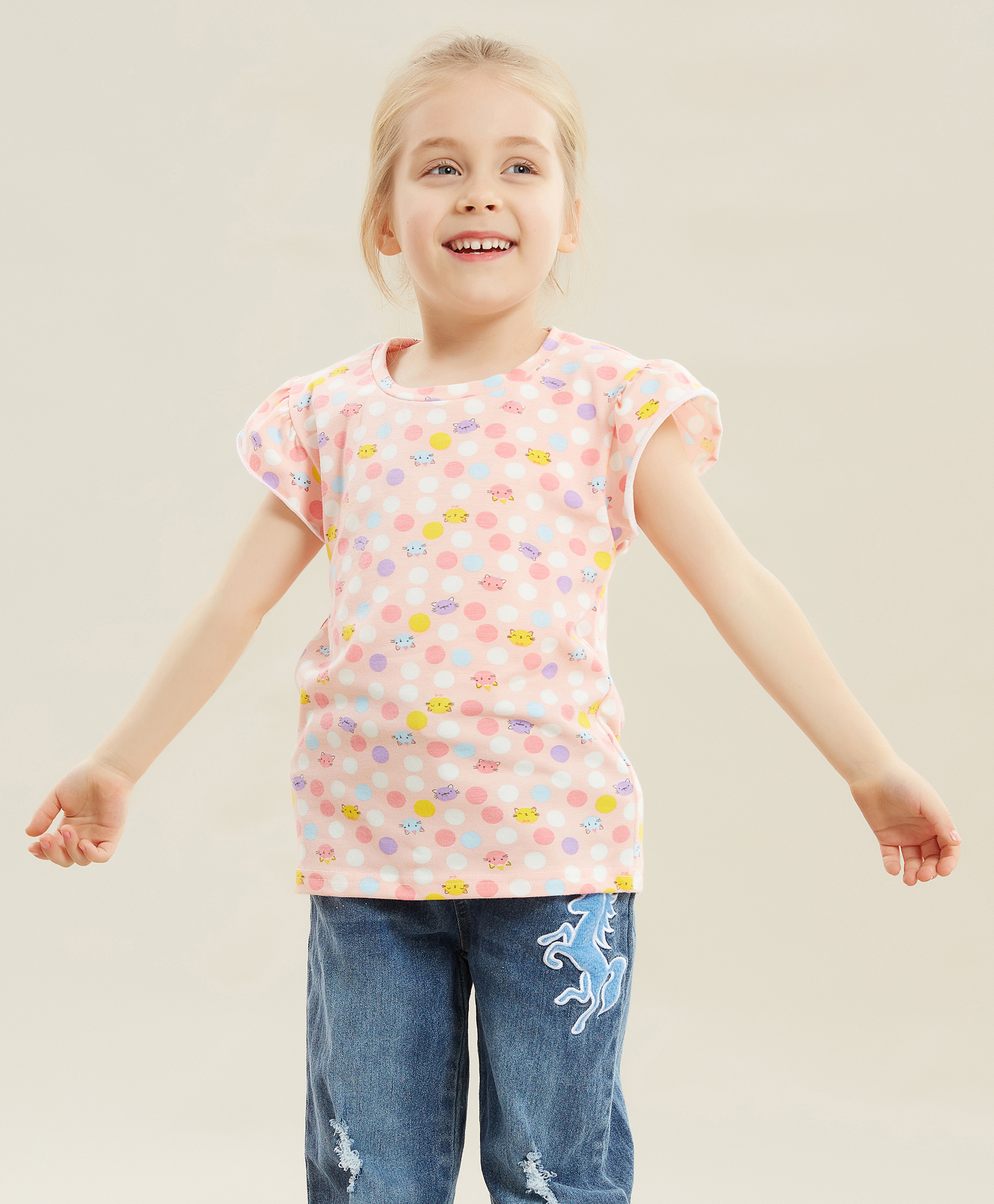 Kookie Kids Half Sleeves T Shirt Cat Print - Pink-picture-25