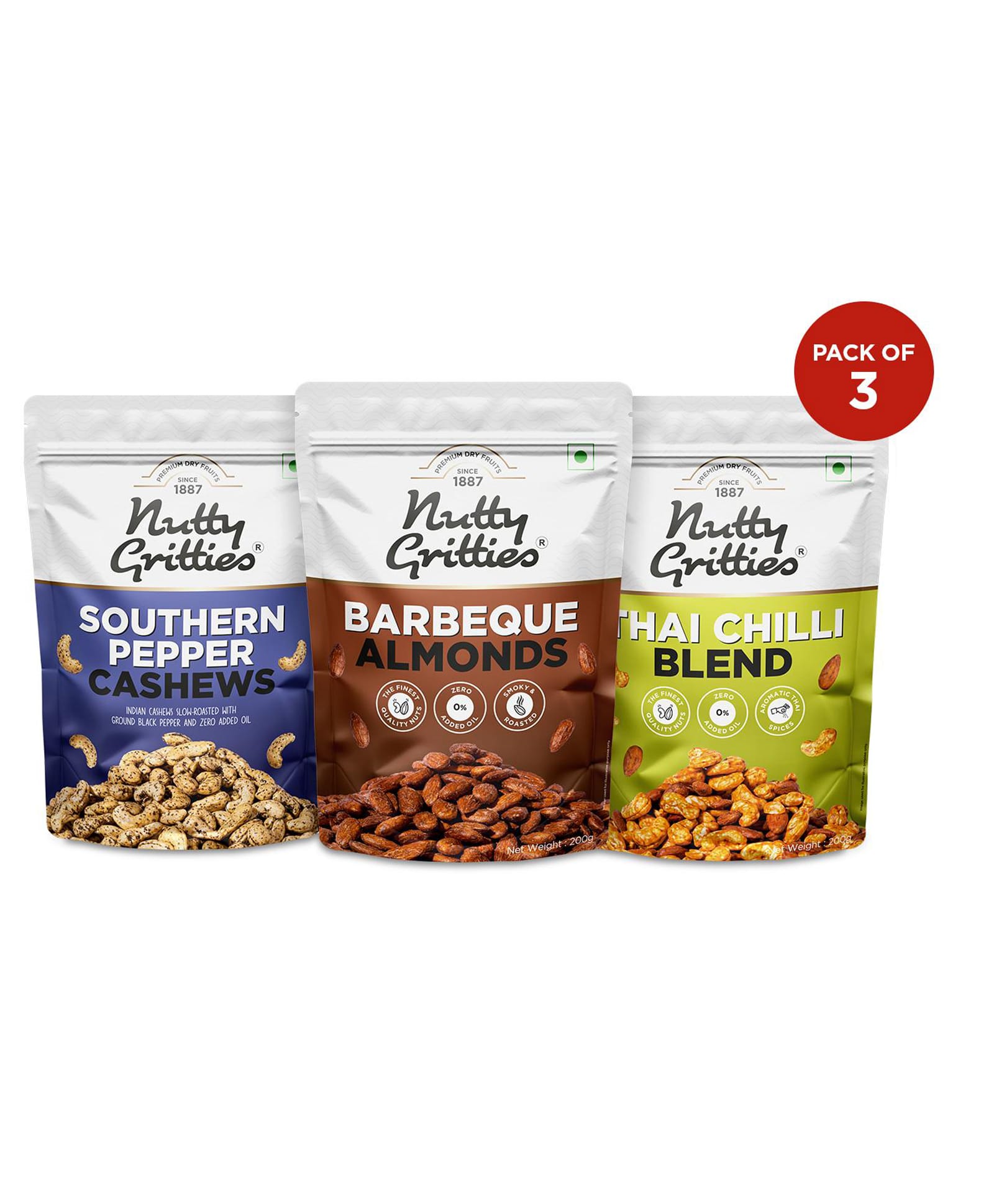 Nutty Gritties Barbeque Almonds Thai Chilli Blend & Pepper Cashews Pack of 3 - 600 gm Total-image-42