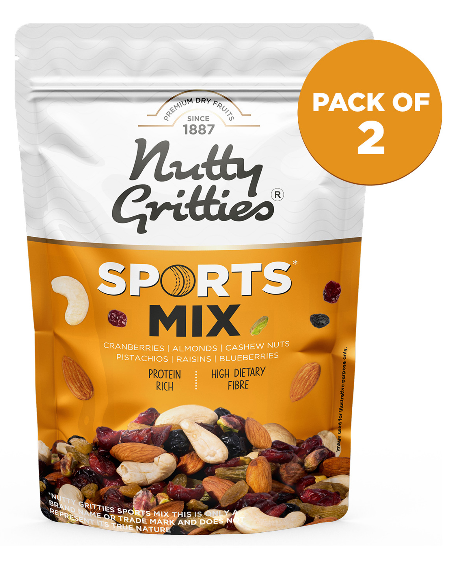 Nutty Gritties Sports Mix with Roasted Almonds Cashews Pistachios Dried Blueberries Cranberries and Raisins Pack of 2  - 350 gm Each
