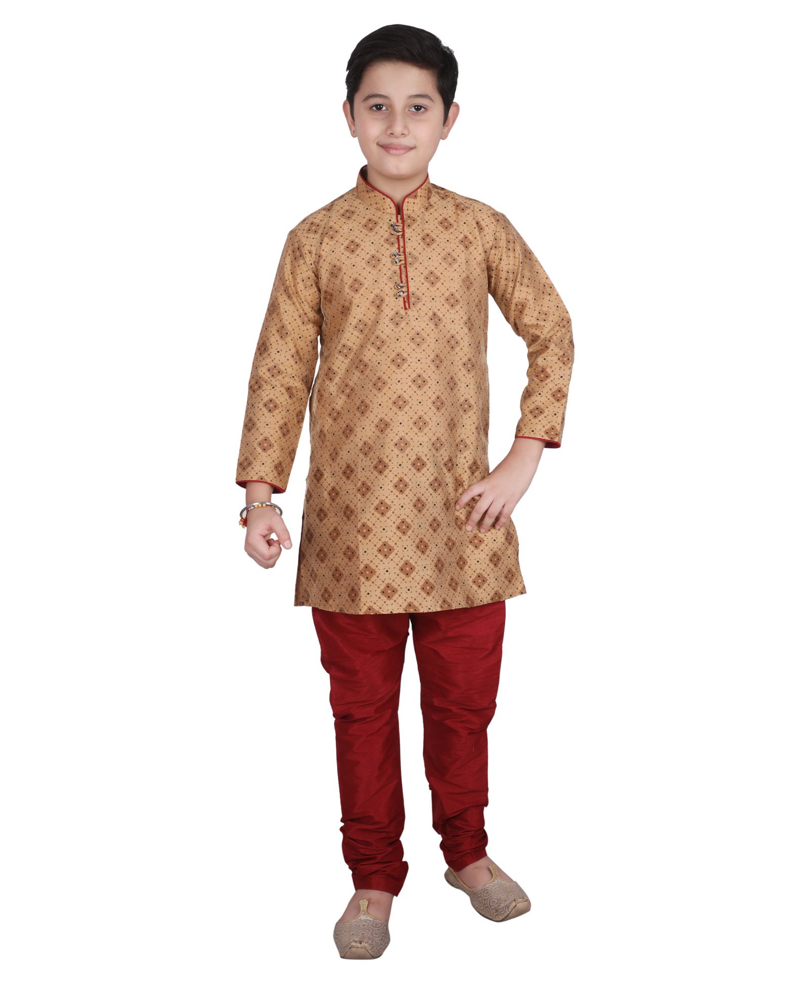 P-MARK Full Sleeves Dice Design Kurta With Pajama - Brown-image-2