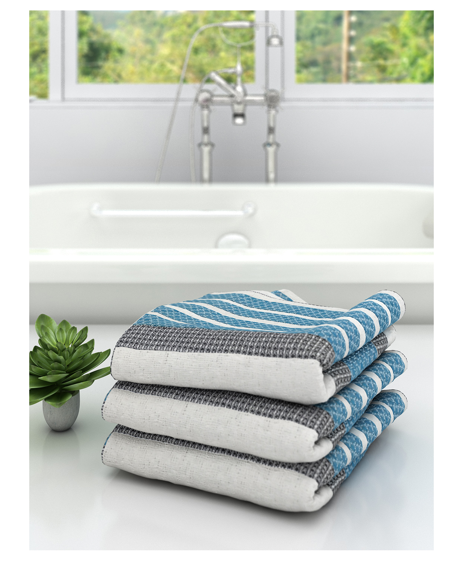 Athom Living 100% Premium Cotton Bath Towel Diamond Flower Print Pack Of 3 - Blue-picture-16