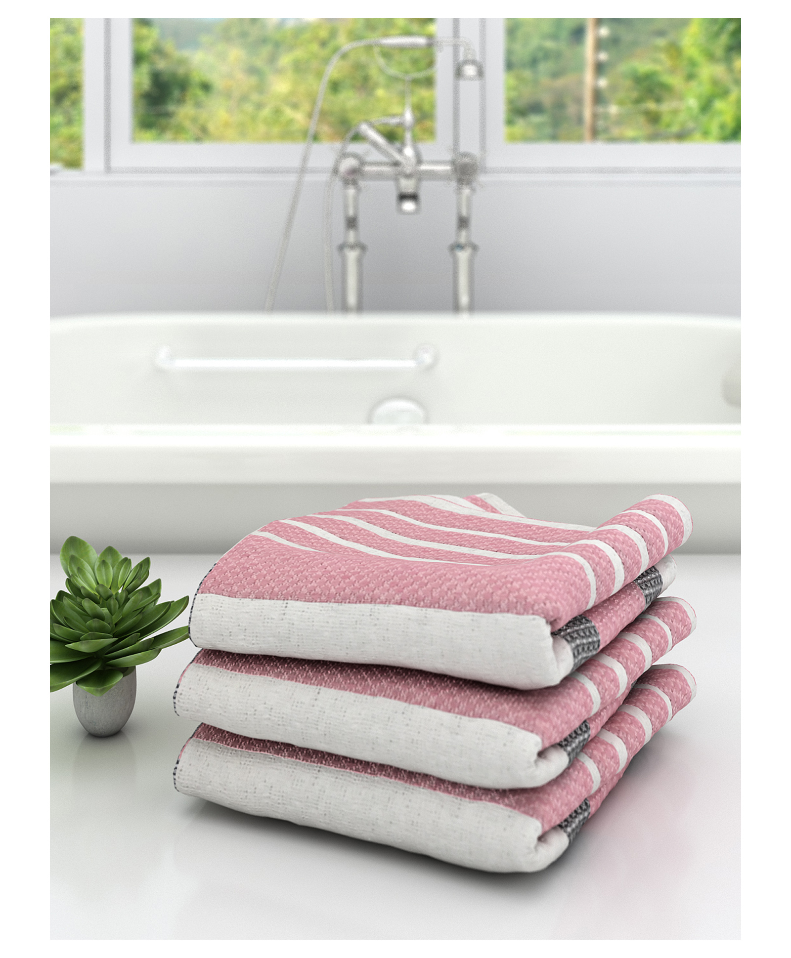 Athom Living 100% Premium Cotton Bath Towel Diamond Flower Print Pack Of 3 - Pink-picture-13