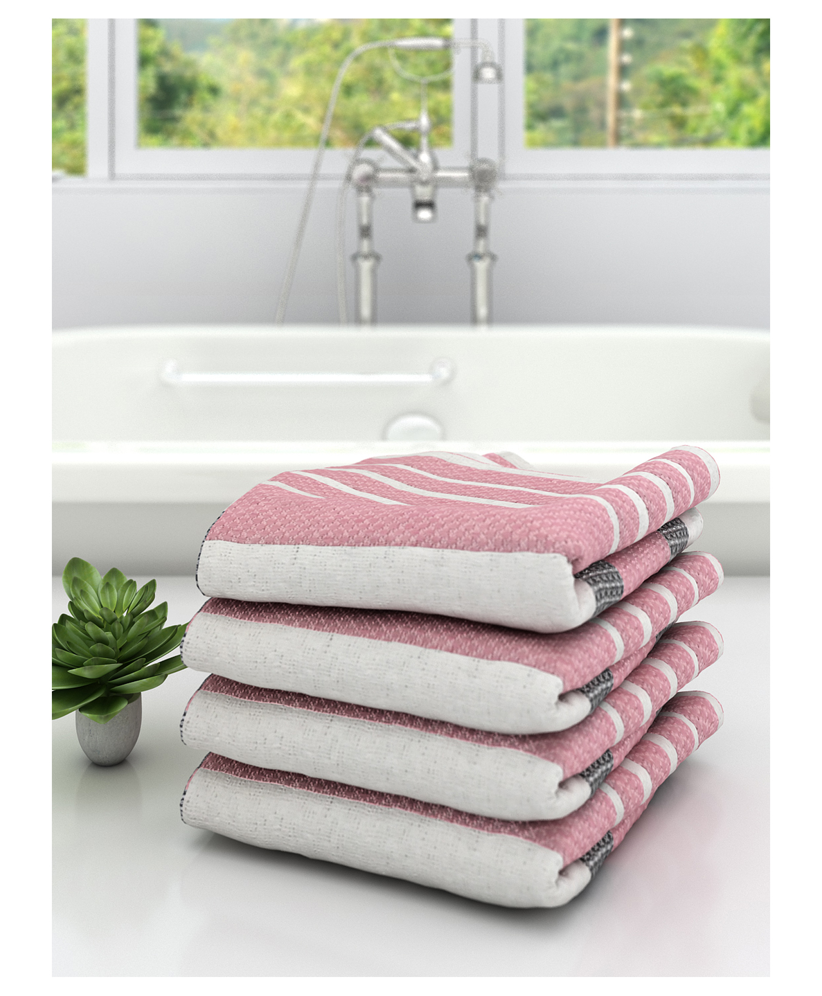 Athom Living 100% Premium Cotton Bath Towel Diamond Flower Print Pack Of 4 - Pink-picture-12