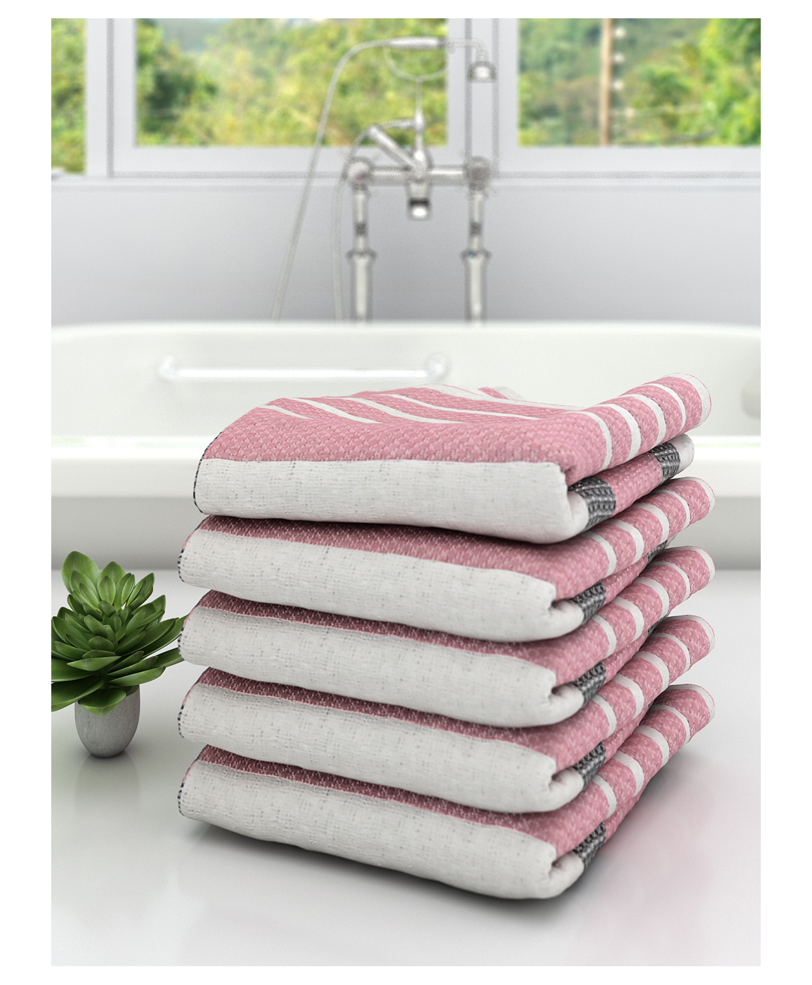 Athom Living 100% Premium Cotton Bath Towel Diamond Flower Print Pack Of 5 - Pink-picture-15