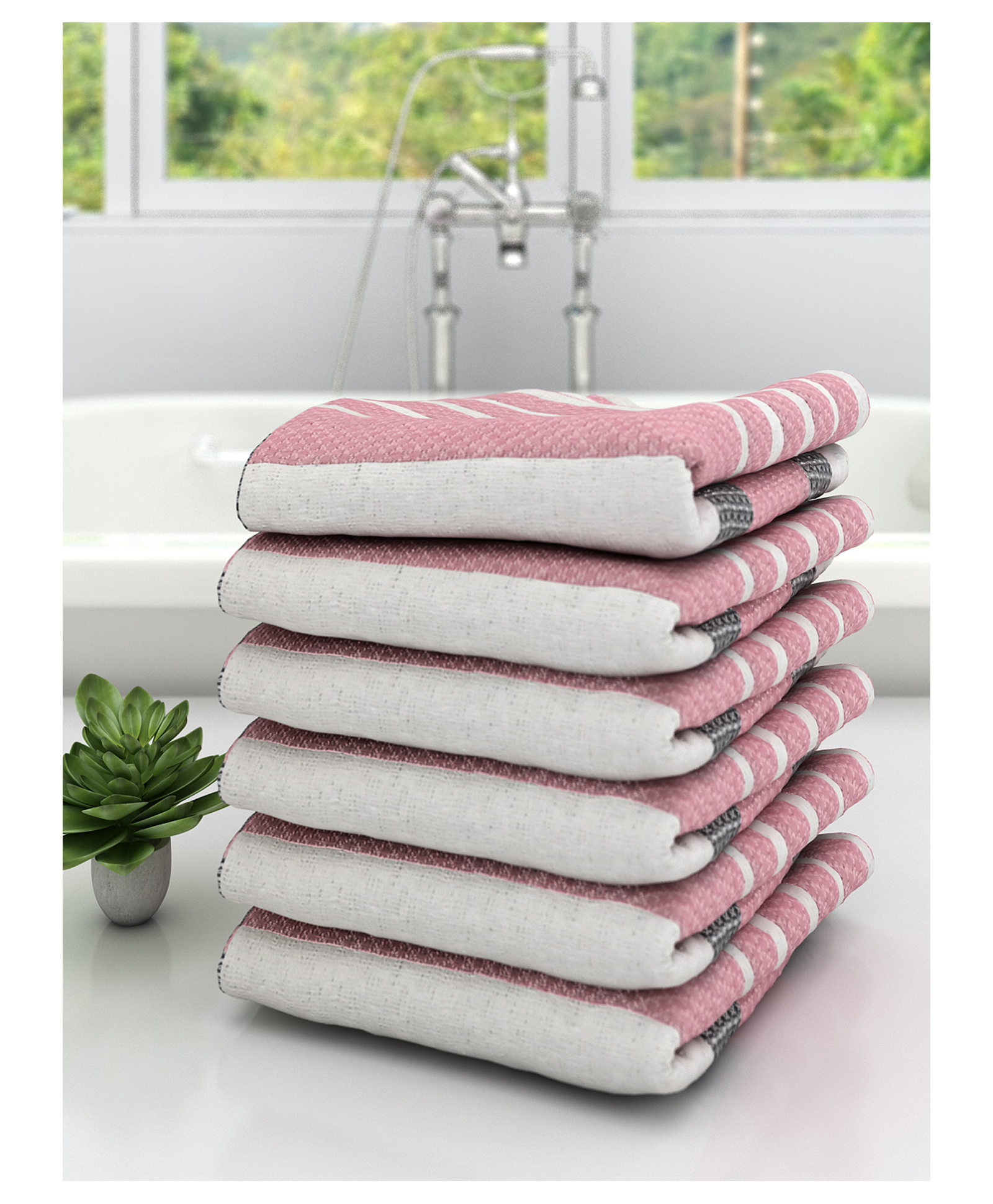 Athom Living 100% Premium Cotton Bath Towel Diamond Flower Print Pack Of 6 - Pink-picture-11