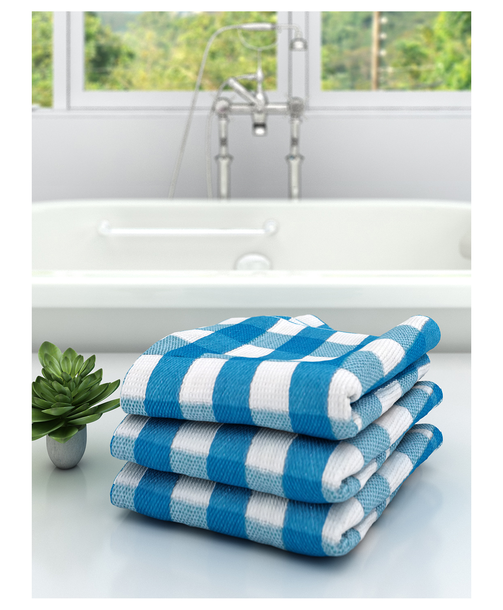 Athom Living 100% Premium Cotton Bath Towel Big Check Print Pack Of 3 - Blue-picture-41