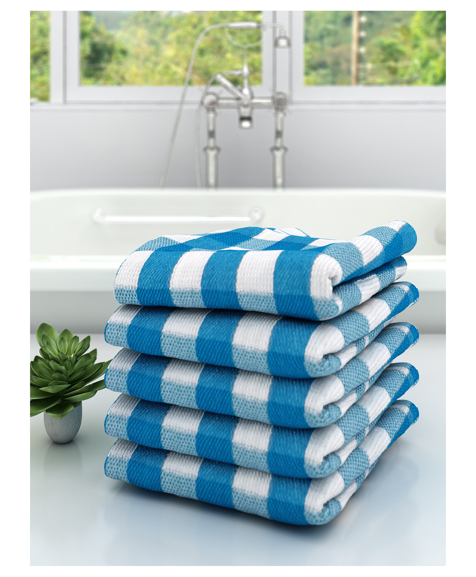 Athom Living 100% Premium Cotton Bath Towel Big Check Print Pack Of 5 - Blue-picture-11