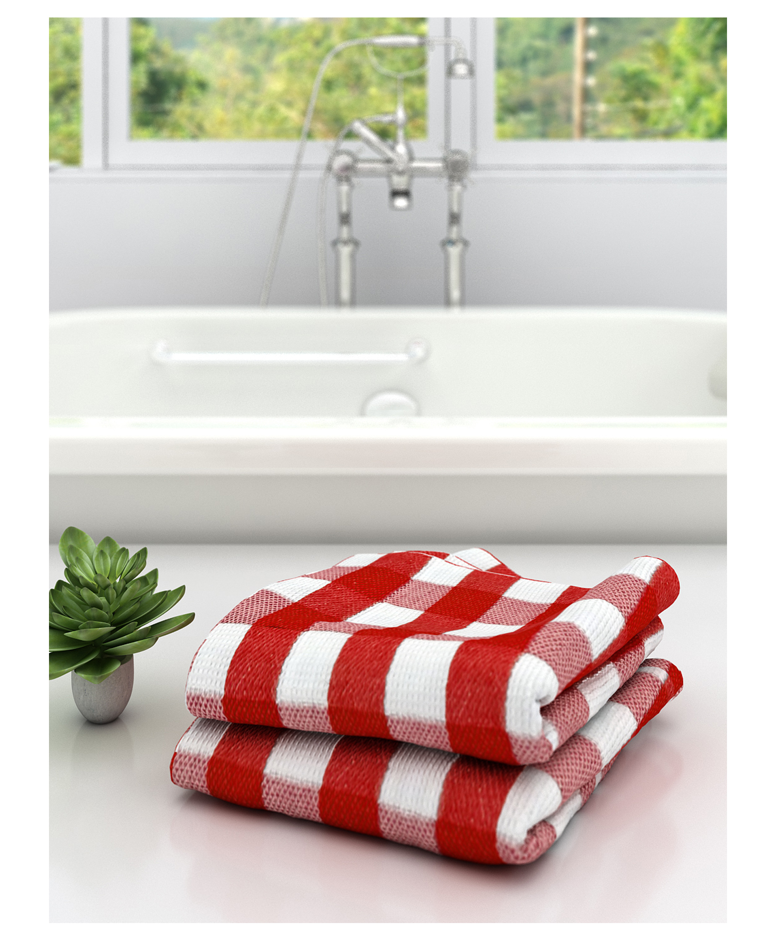 Athom Living 100% Premium Cotton Bath Towel Big Check Print Pack Of 2 - Red-picture-20