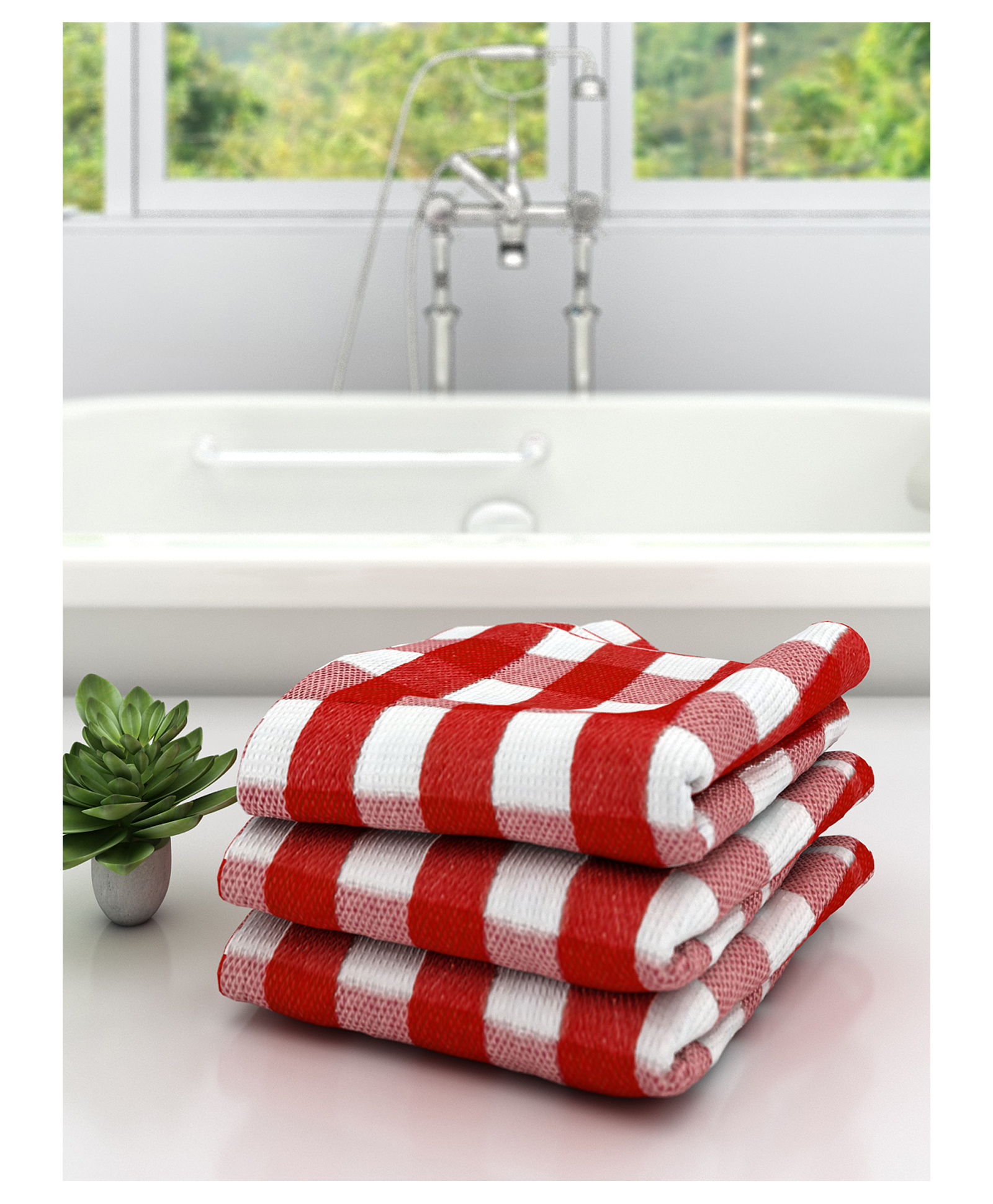 Athom Living 100% Premium Cotton Bath Towel Big Check Print Pack Of 3 - Red-picture-10