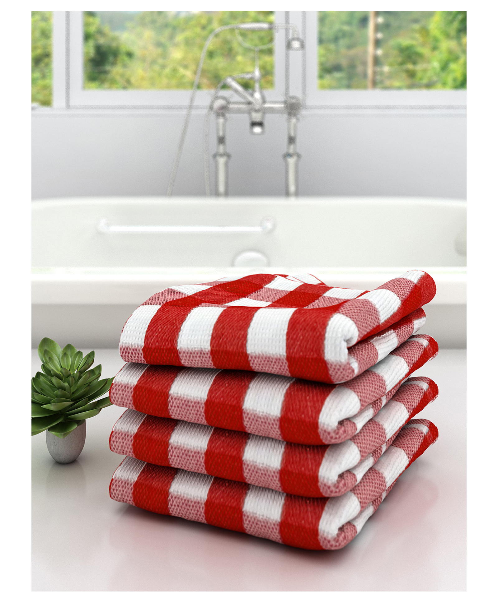Athom Living 100% Premium Cotton Bath Towel Big Check Print Pack Of 4 - Red-picture-37
