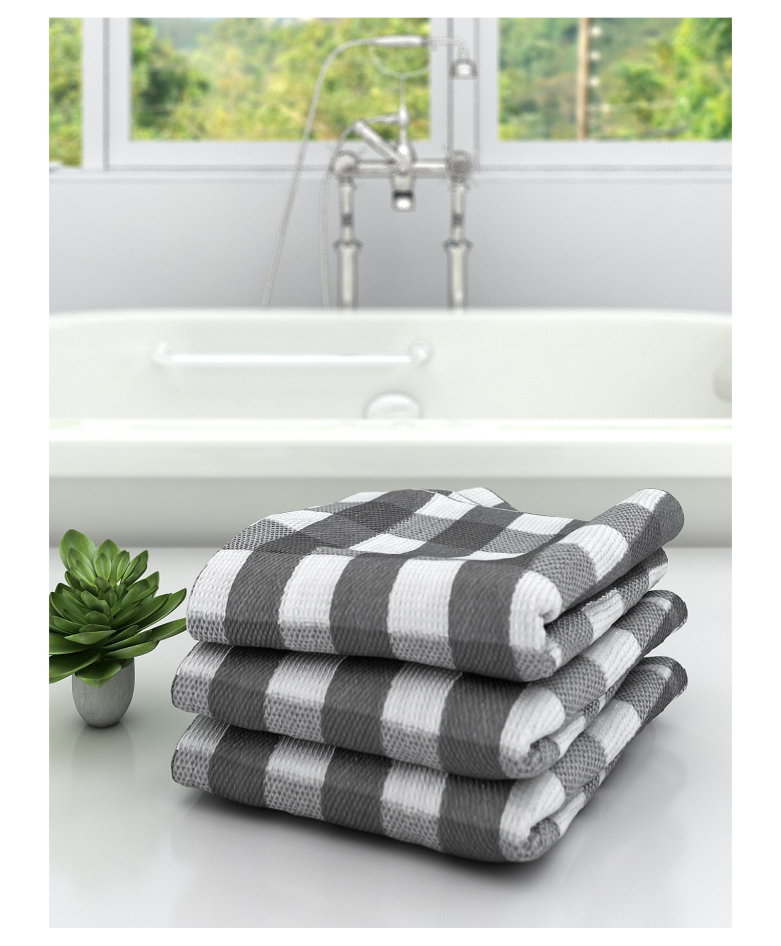 Athom Living 100% Premium Cotton Bath Towel Big Check Print Pack Of 3 - Grey-picture-19